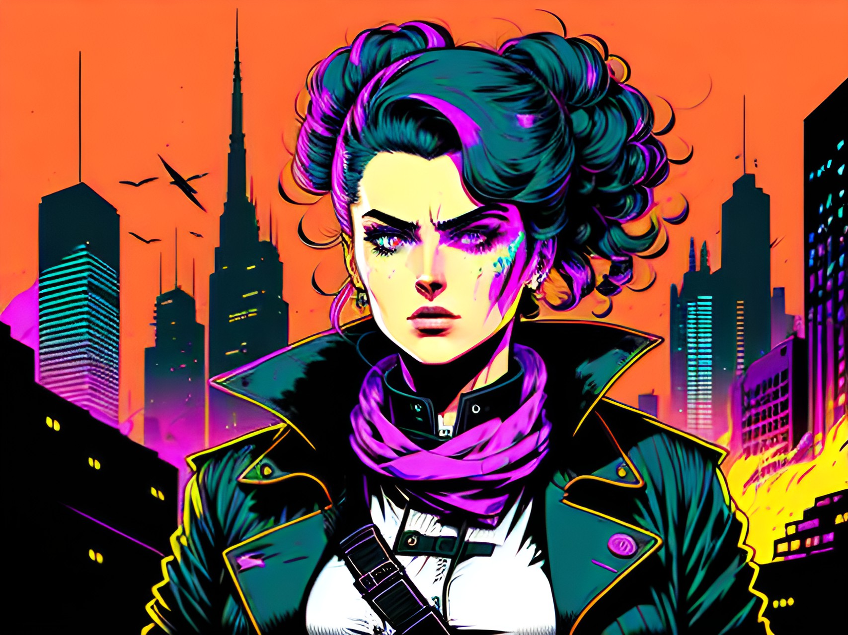 the resistance leader in a dystopian world a tall, strong woman with fiery eyes and a determined set to her jaw. she wore a long, black trench coat covered in patches of neon colors, which stood out brightly against the dull, monochrome world. preview