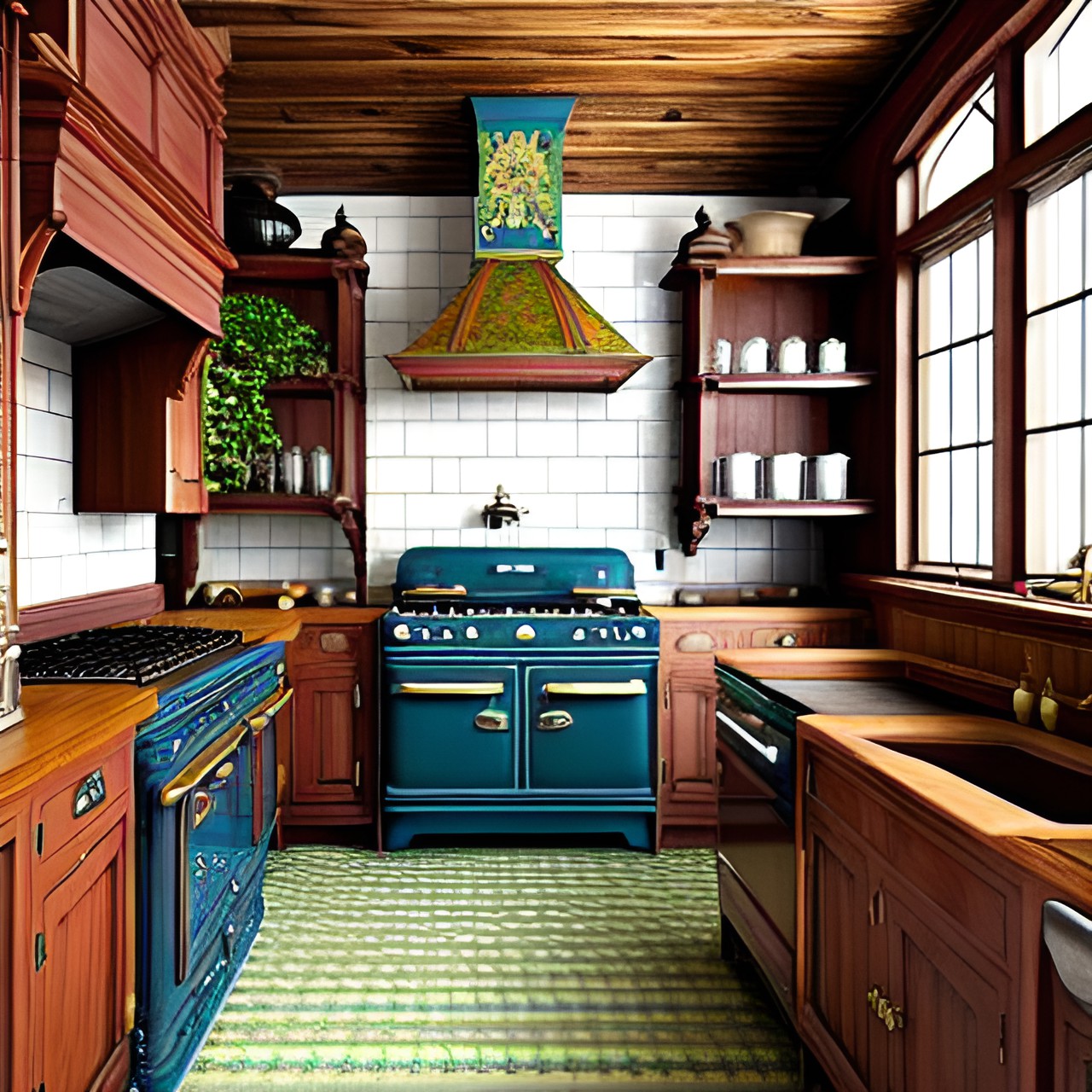 victorian kitchen with woodstove  - in this kitchen, the woodstove is the focal point. it's surrounded by cookware and food. the atmosphere is cozy. there are plants on the countertops and cookbooks galore. preview