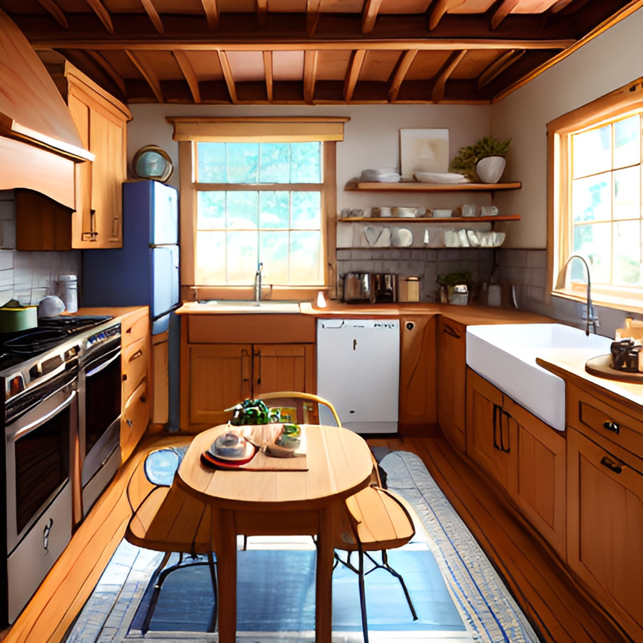 cozy cottagecore kitchen. the table is the focus of the image, with the retro refrigerator behind it. there are wood accents everywhere. a plate of freshly baked cookies is on the countertop. preview