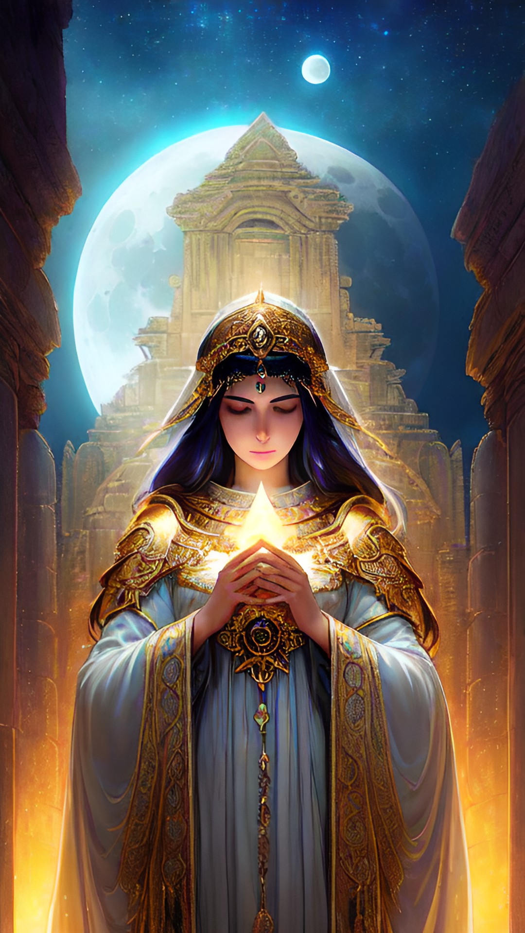 in the soft glow of the moonlight, a priestess of the moon stands amidst ancient ruins, her face is serene and she has large, dark eyes. her ethereal robe floats around her, adorned with shimmering lunar symbols. her hands gracefully hold a celestial staff emitting a gentle glow. preview