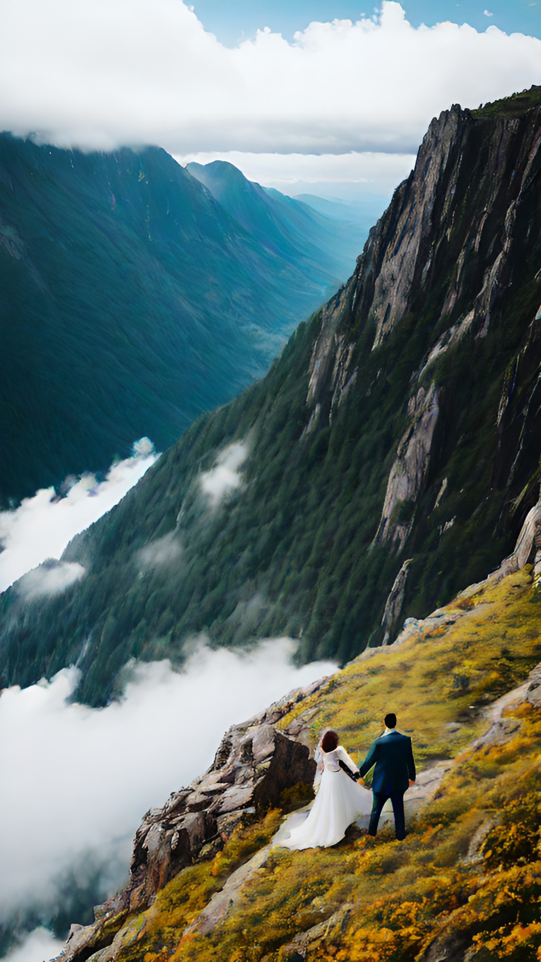 cute couples interlocking their hands,standing on the edge of the mountain, looking to the bright cloudy sky preview