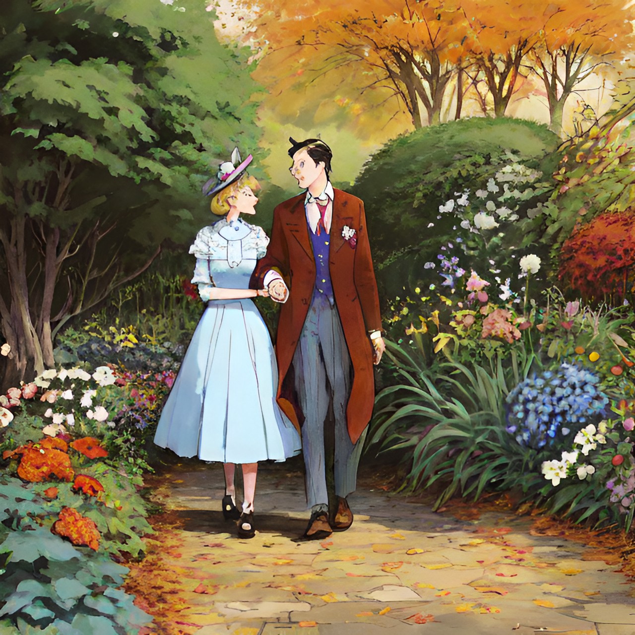 13 Cartoonist v2 - a man and a woman holding hands in the garden, autumn preview