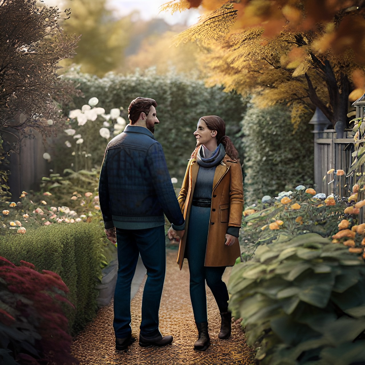 14 HDR v2 - a man and a woman holding hands in the garden, autumn preview