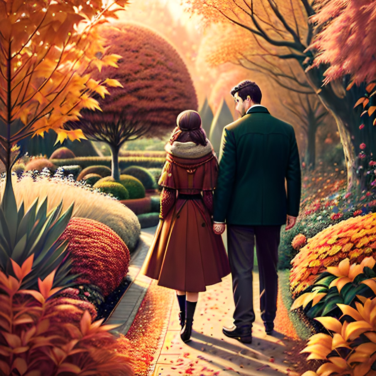 16 Illustrated v2 - a man and a woman holding hands in the garden, autumn preview