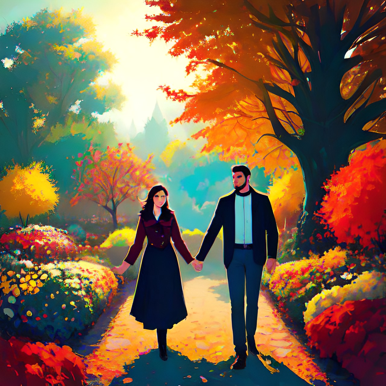 18 Vector v2 - a man and a woman holding hands in the garden, autumn preview