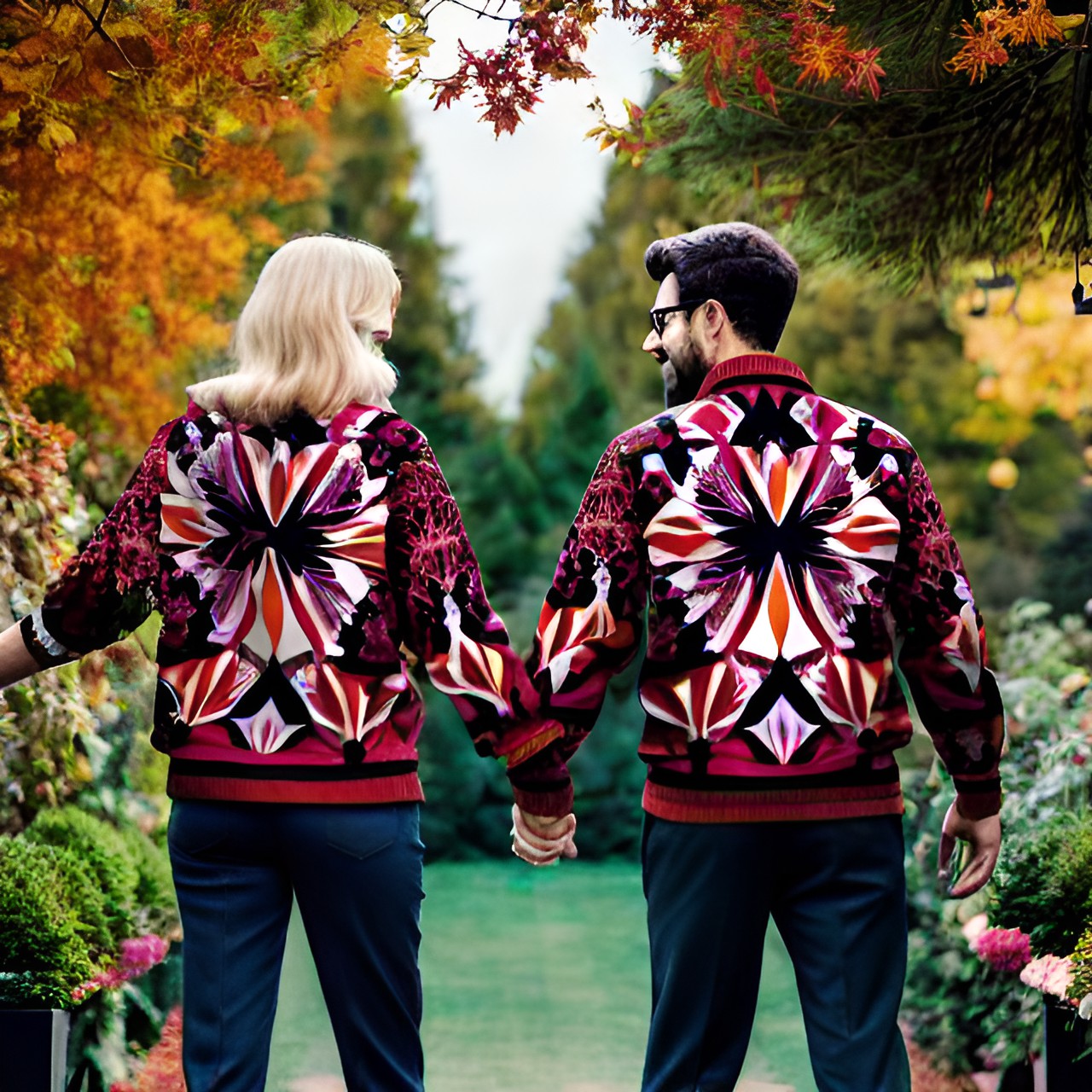 19 Rorschach v2 - a man and a woman holding hands in the garden, autumn preview