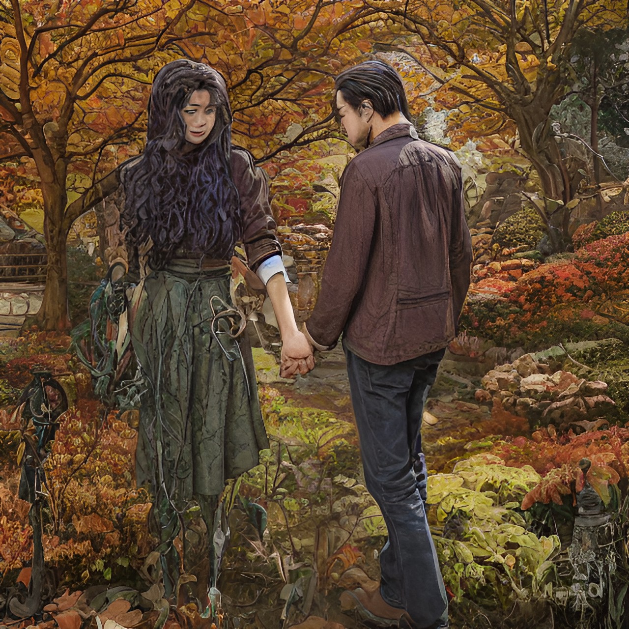 21 Dystopia - a man and a woman holding hands in the garden, autumn preview