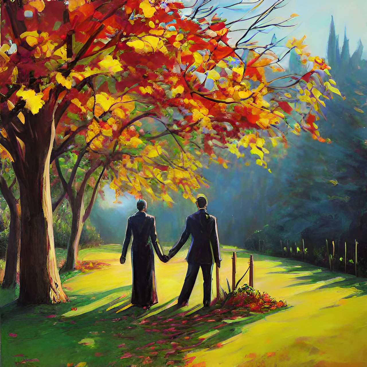 22 Illustrative - a man and a woman holding hands in the garden, autumn preview