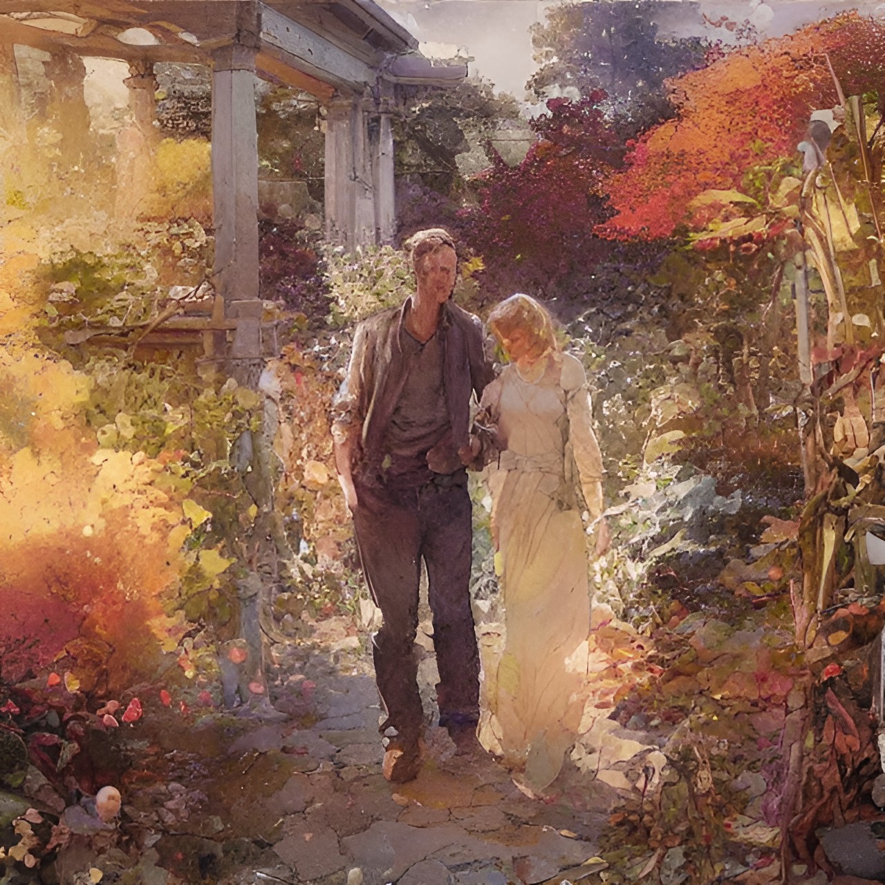 23 The City - a man and a woman holding hands in the garden, autumn preview