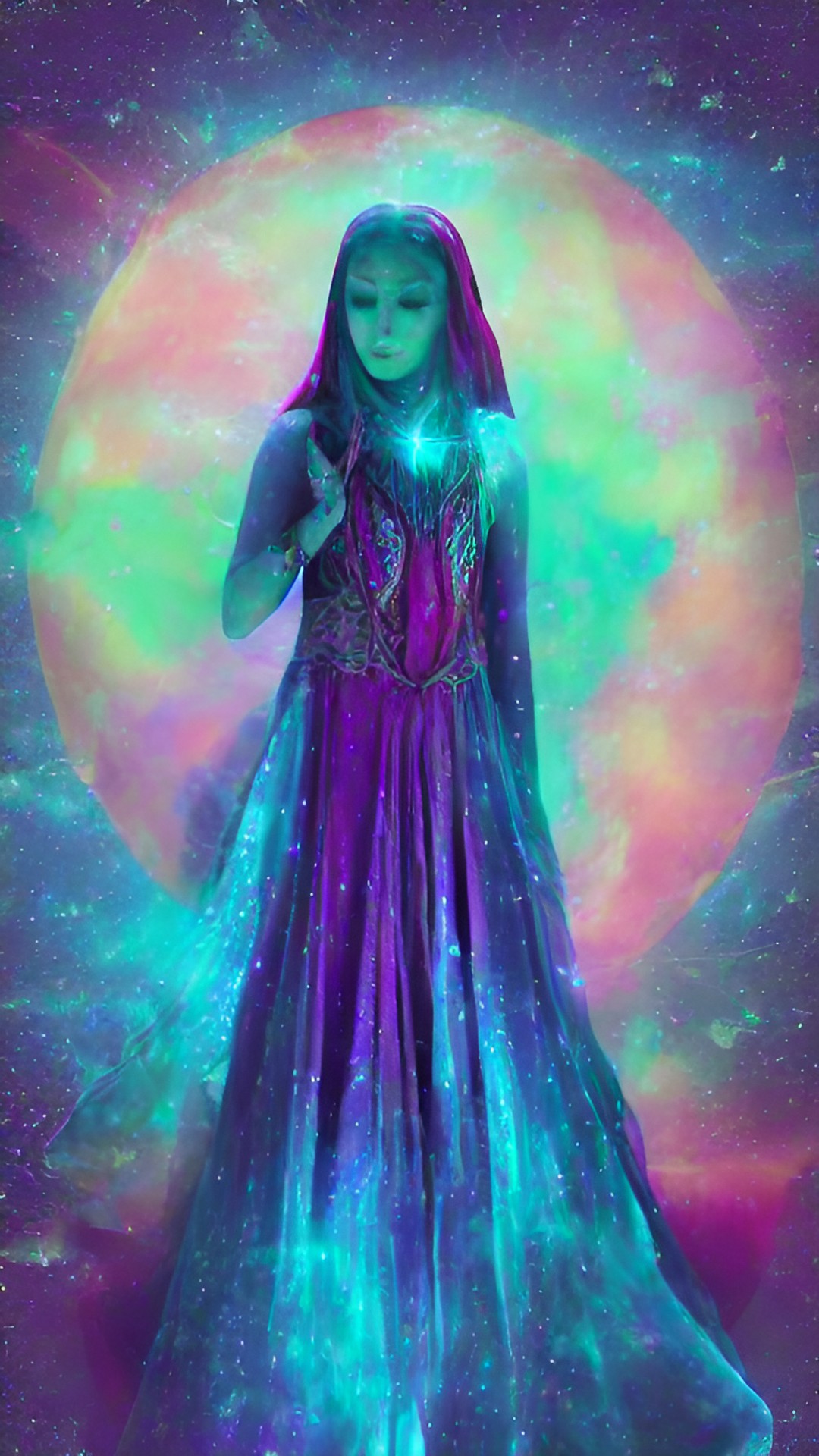 in the soft glow of the moonlight, a priestess of the moon stands amidst ancient ruins, her face is serene and she has large, dark eyes. her ethereal robe floats around her, adorned with shimmering lunar symbols. her hands gracefully hold a celestial staff emitting a gentle glow. preview