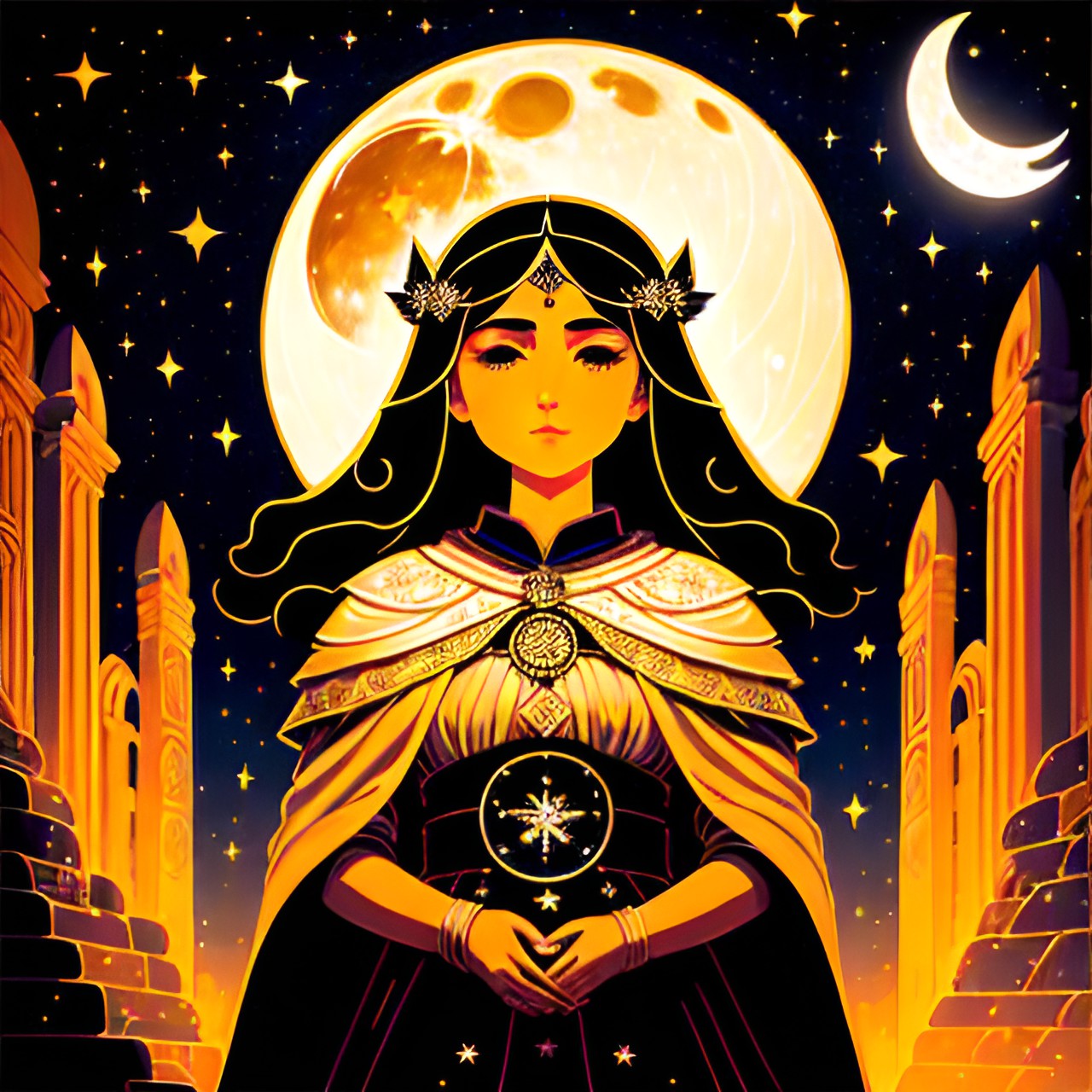 in the soft glow of the moonlight, a priestess of the moon stands amidst ancient ruins, her face is serene and she has large, dark eyes. her ethereal robe floats around her, adorned with shimmering lunar symbols. her hands gracefully hold a celestial staff emitting a gentle glow. preview