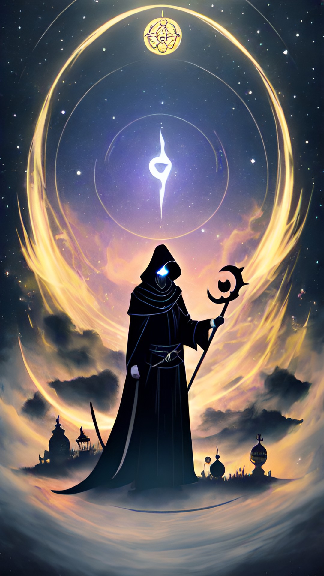 Grim - grim reaper holding a scythe and lantern. space dust and alchemy symbols in the background. preview