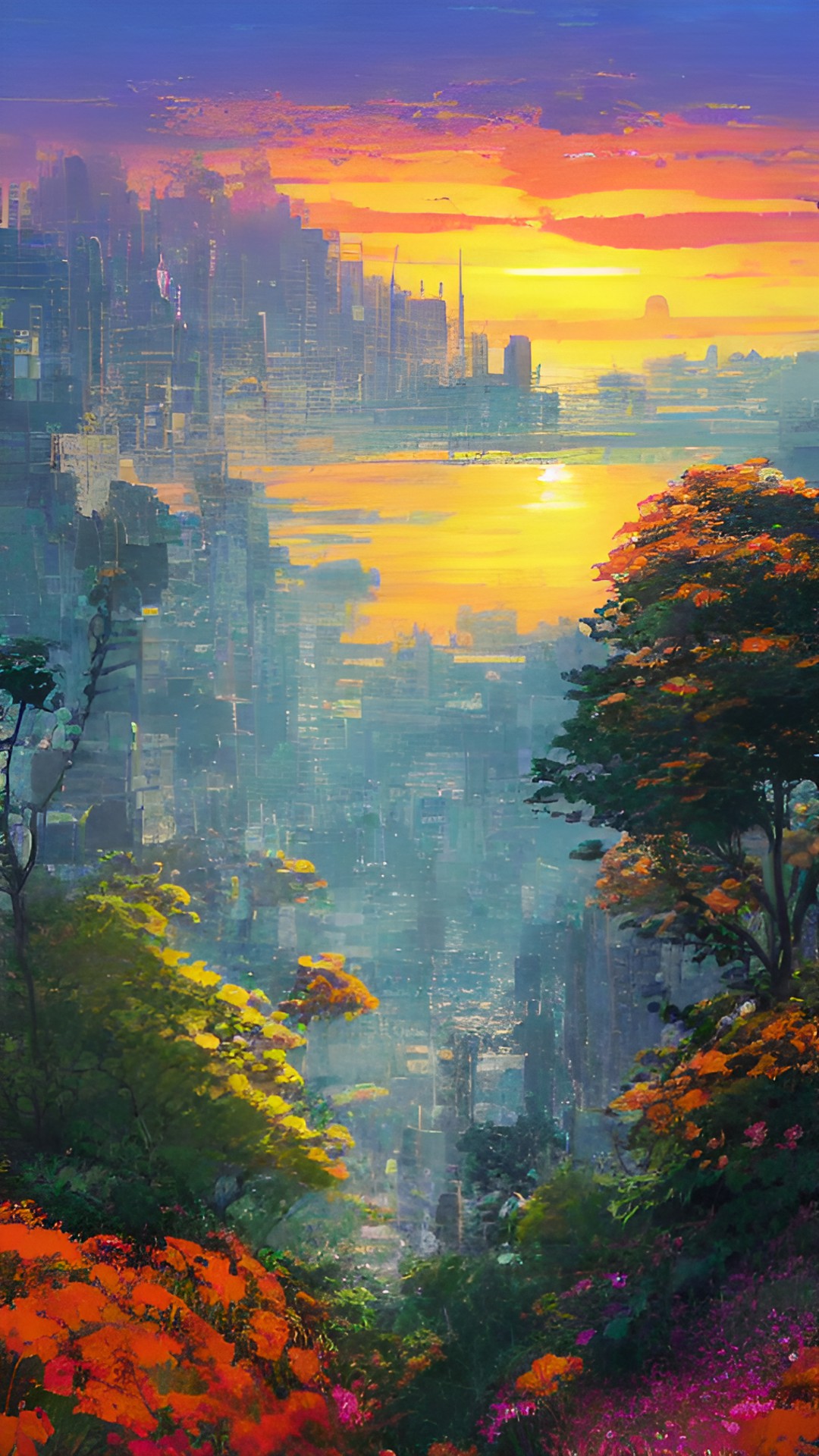 orange flowers in foreground of sunset cityscape preview