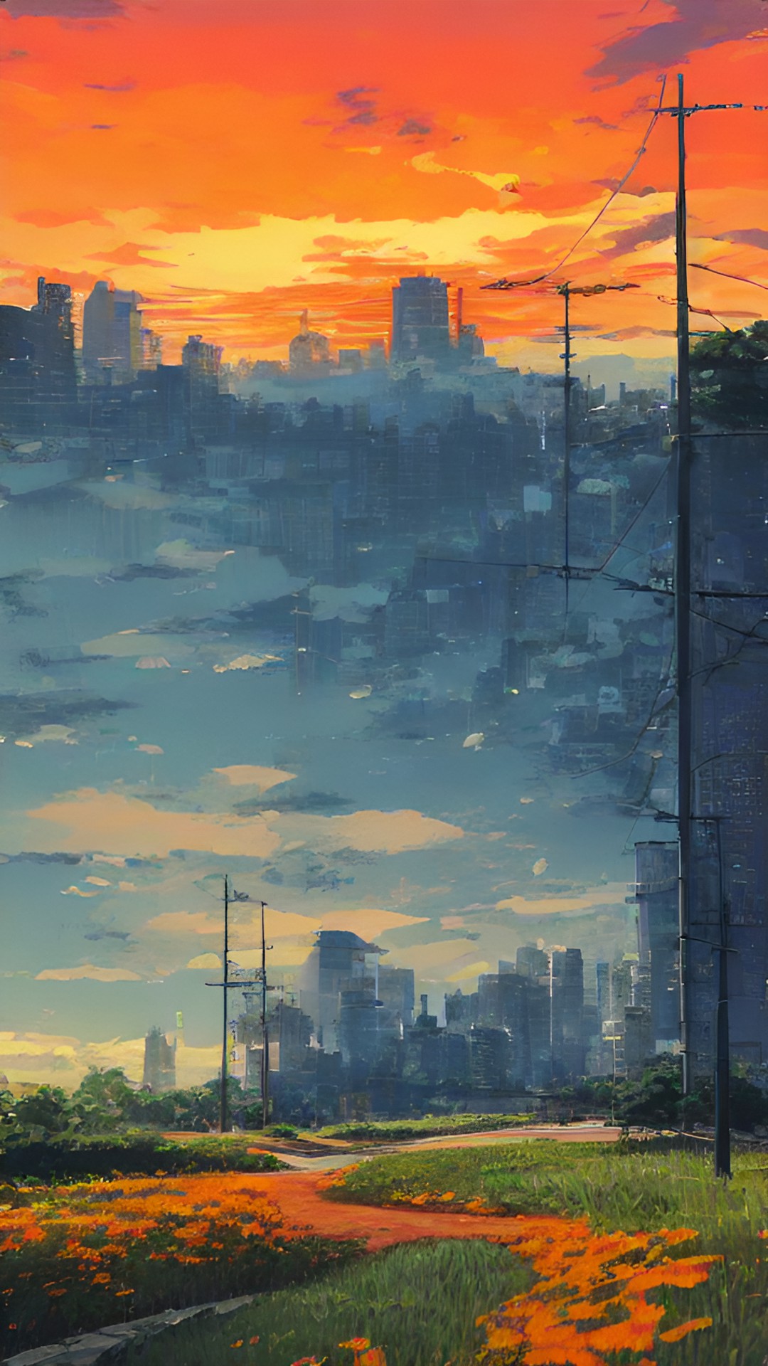 orange flowers framing a sunset cityscape preview