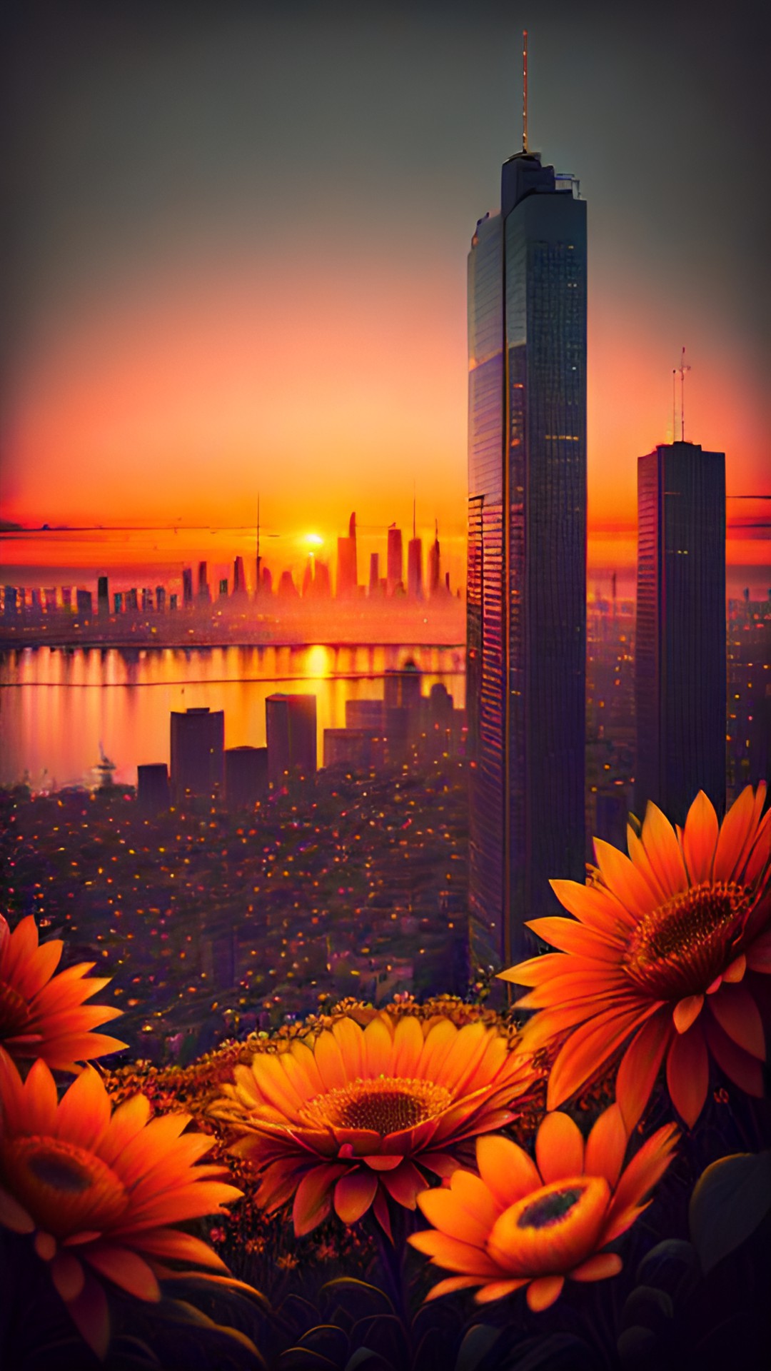 orange flowers framing a city at sunset preview