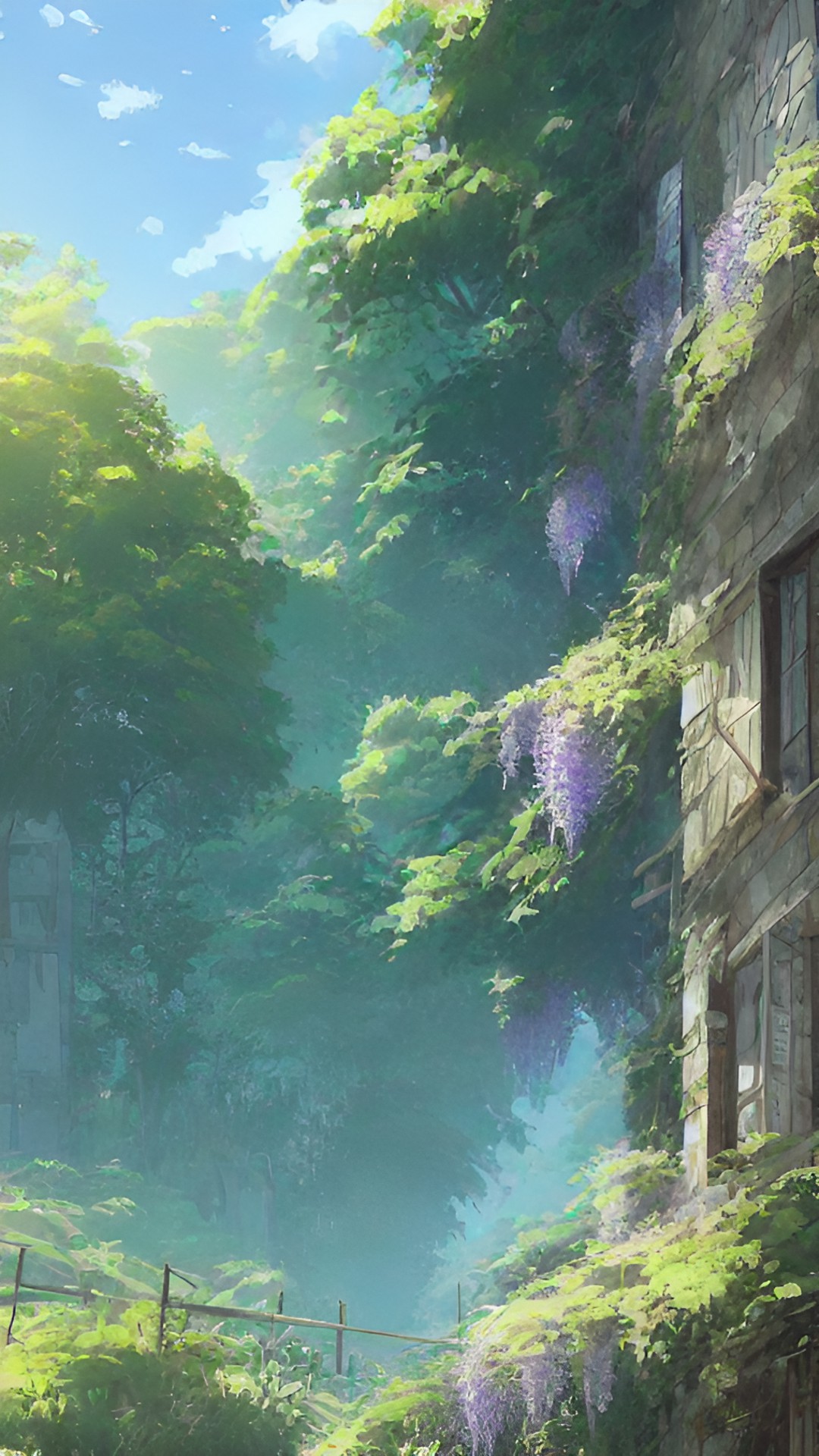 wisteria growing on ruined building in morning preview