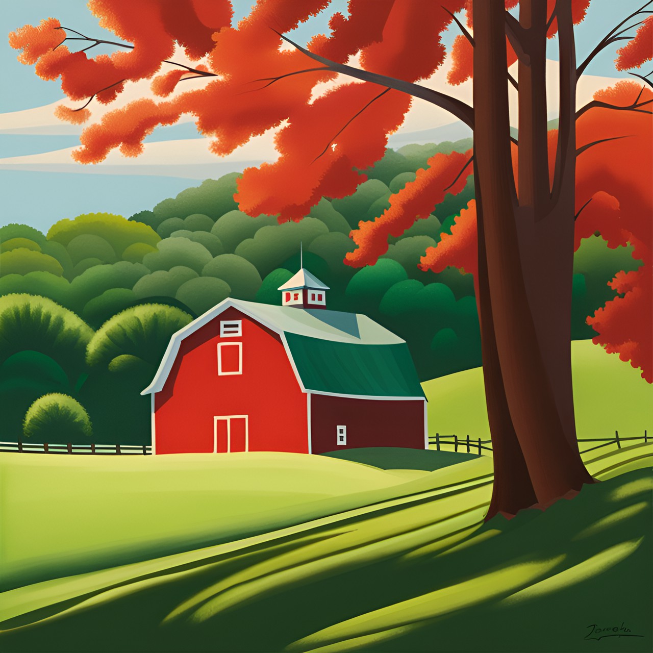 red barn on gently rolling green pasture in edward hopper style preview