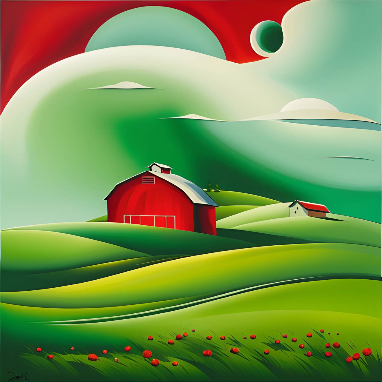 red barn on a rolling green pasture salvatore dali style preview