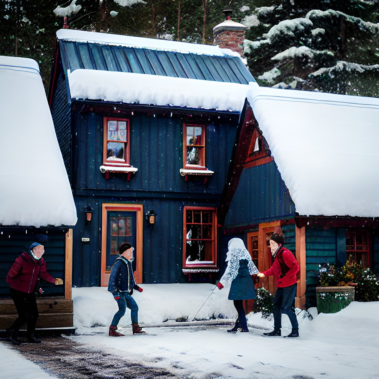 group of people were playing outside the cottage in snow preview