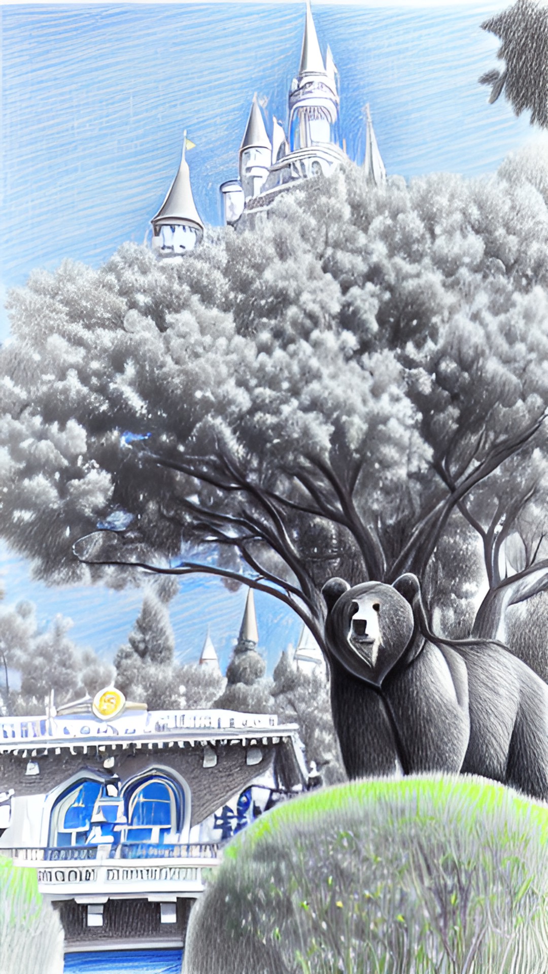 bear in tree - a bear stuck in a tree in front of the disneyland castle with spectators watching. preview