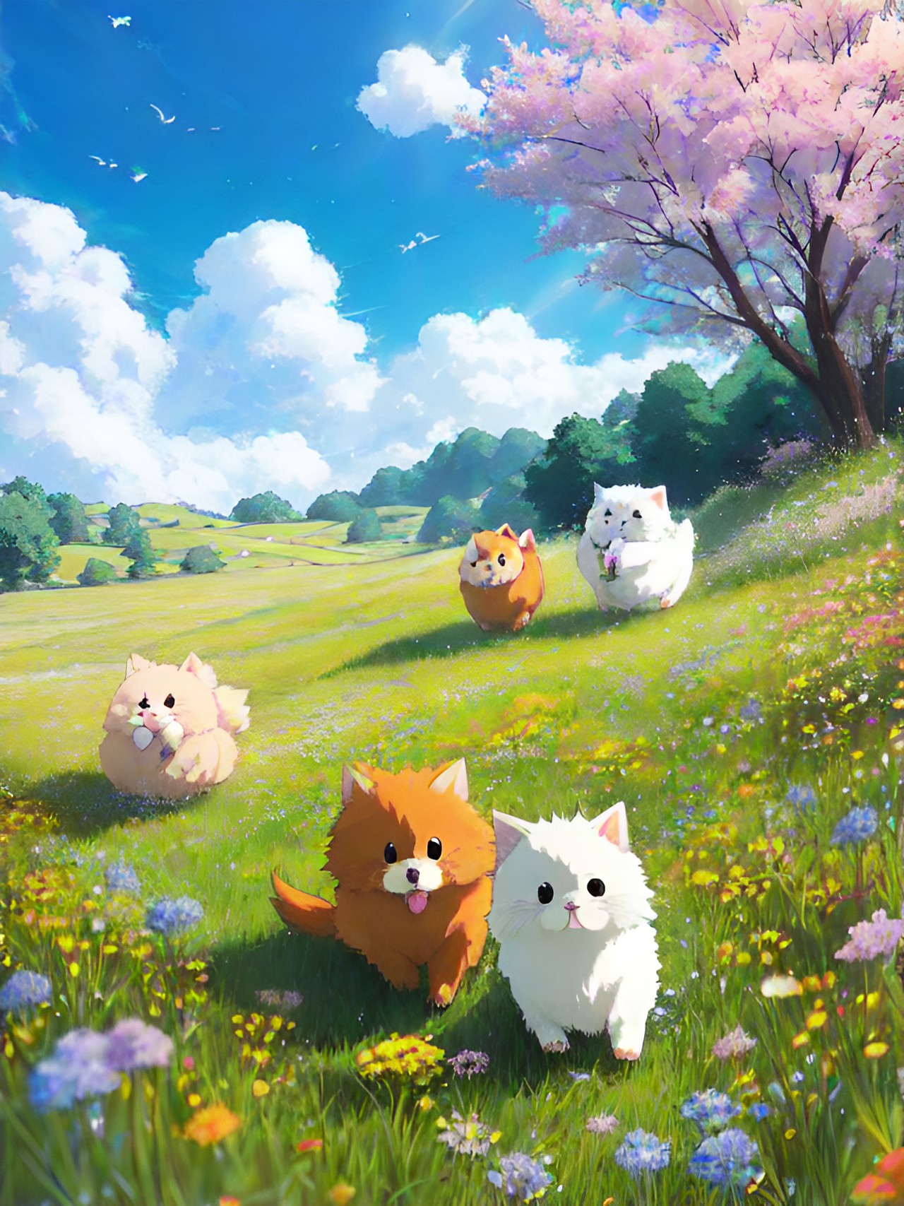 4 dogs went to mow a - happy little fluff balls - happy little fluff balls frolicking in a meadow of wildflowers. preview