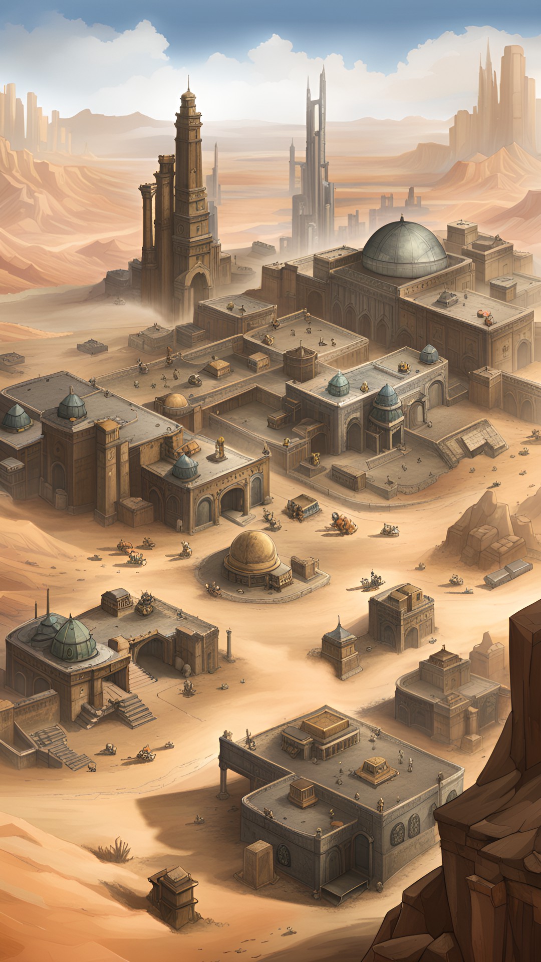 walled-in, high tech city in the fallout universe, surrounded by desert and ruins preview