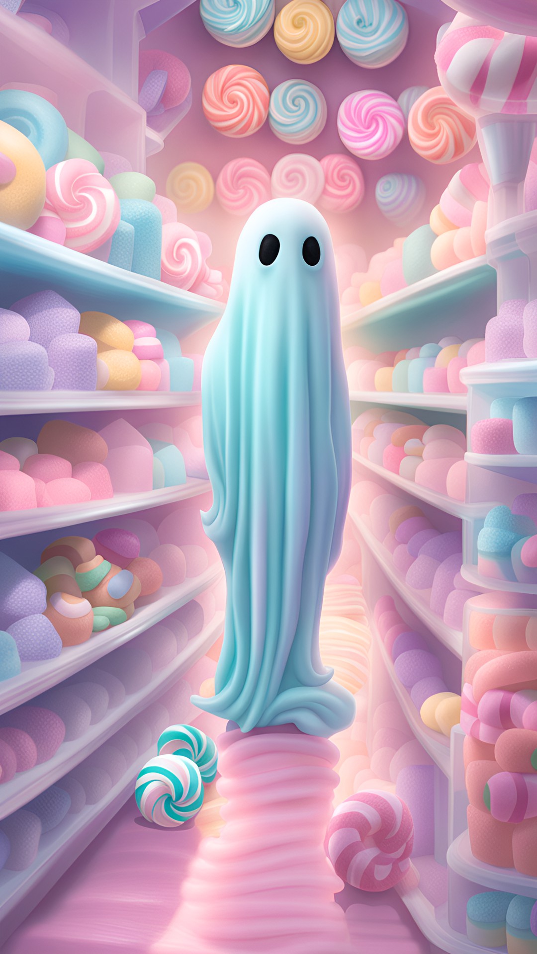 Casper - whimsical, ultra realistic, intricately detailed, creepy, odd, eerie, strange, bold pastel colors, realistic ghost in a very detailed candy shoppe preview