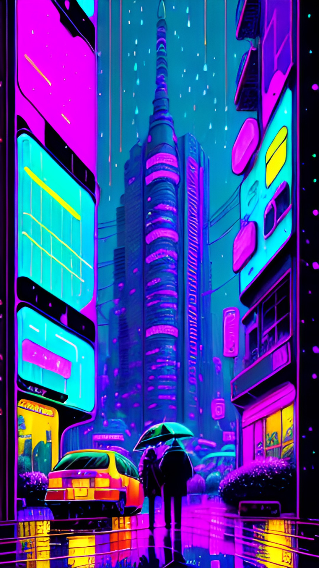 Midnight City - colorful rain, futuristic midnight city. the rain is neon-colored and the city is a bustling metropolis with tall buildings and bright lights. the scene is otherworldly and surreal. preview