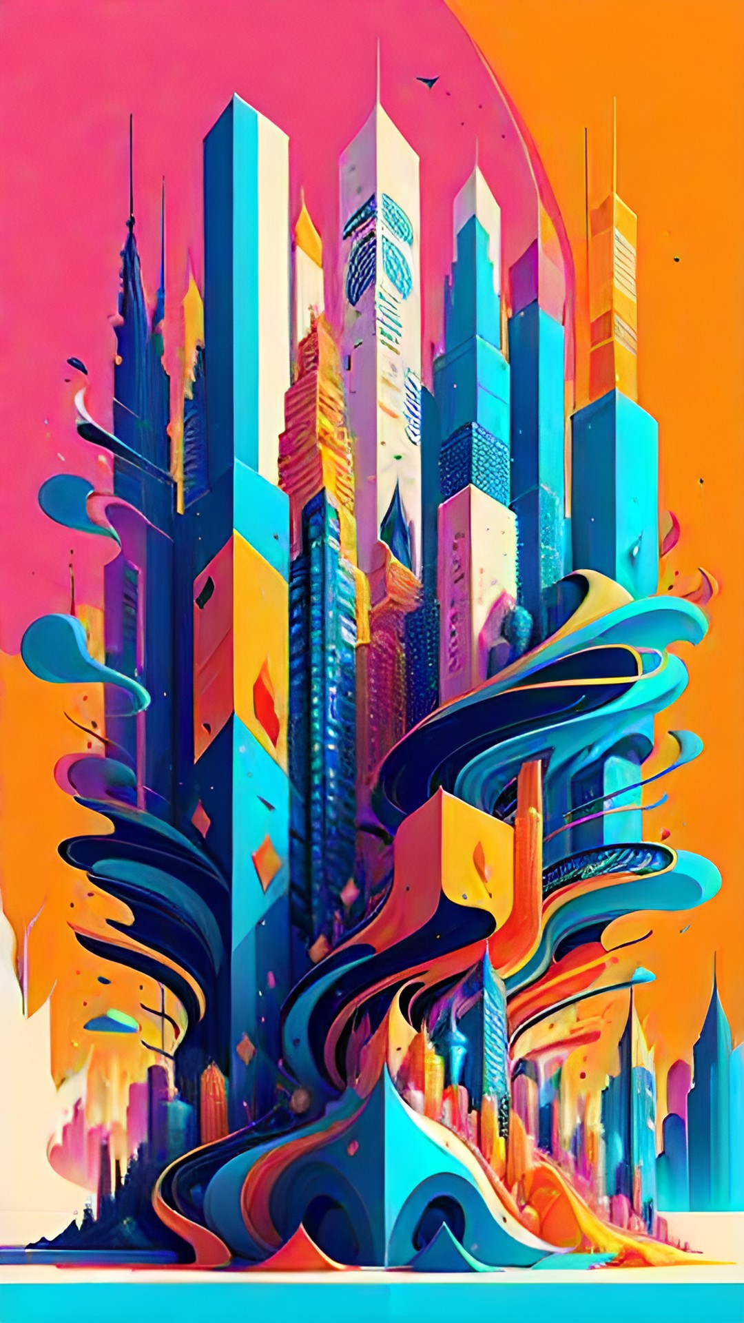 abstract colorful city  - abstract colorful cityscape with tall buildings and a bright blue sky. the buildings are geometric and have a modern look. preview