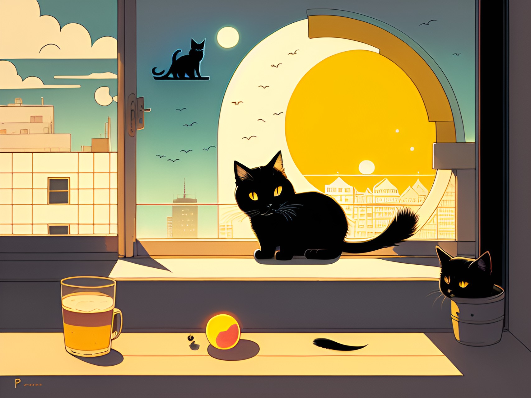 Black Cat 7 - black cat lazing on a windowsill with a high ball of sun behind it preview