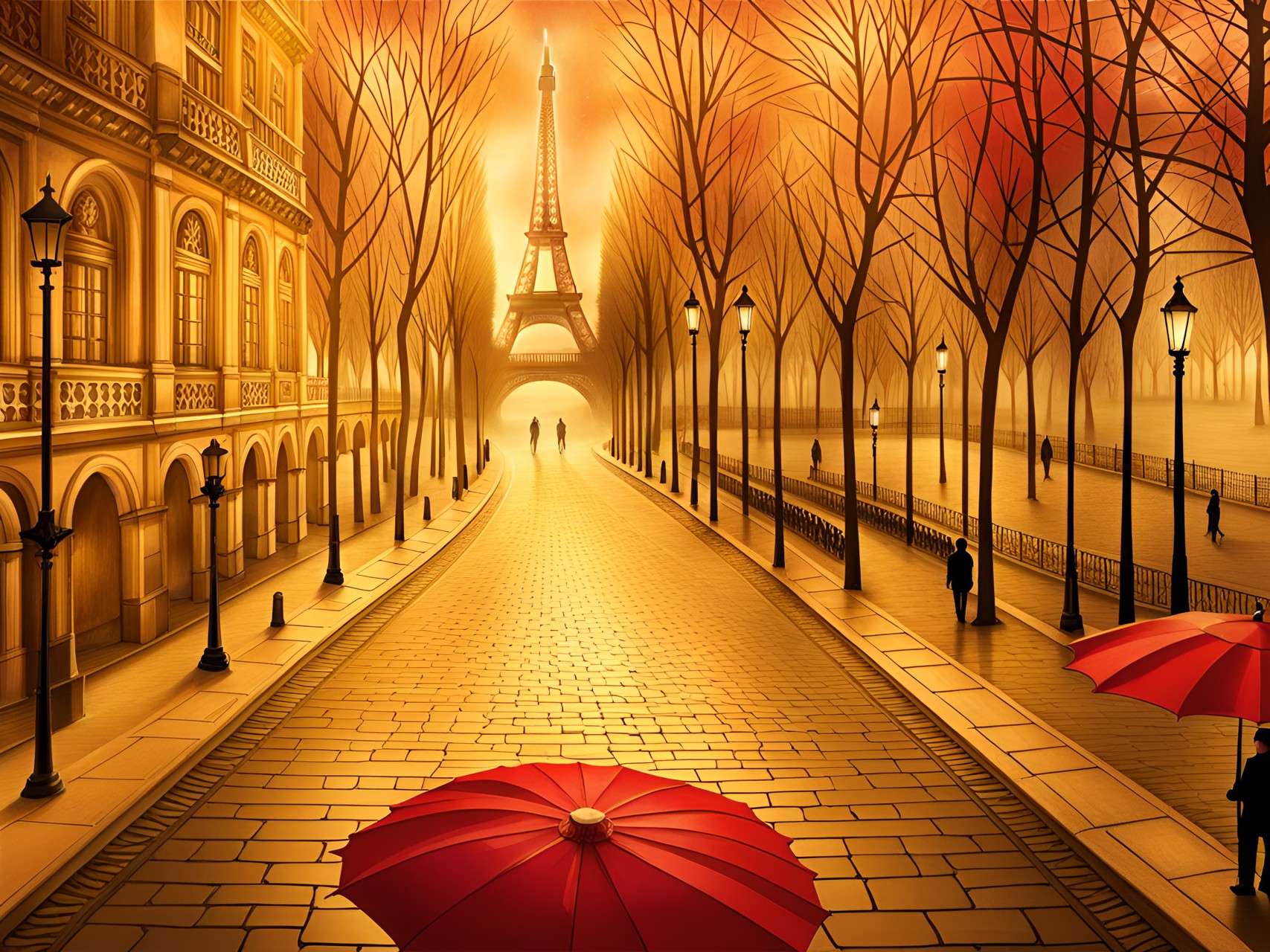 everything is very gold, but there is a bright red parasol in the middle of the scene. put this in a road that leads to the eiffel tower preview