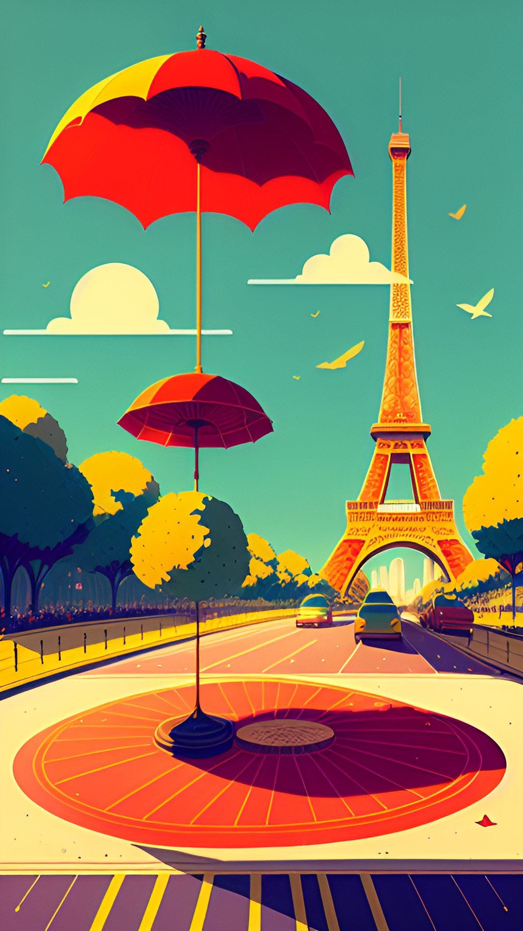 Red Umbrella 3 - everything is very gold, but there is a bright red parasol in the middle of the scene. put this in a road that leads to the eiffel tower preview