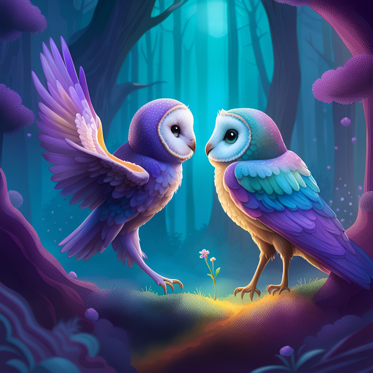 a teal and purple barn owl,  and a deer that is purple, dance together in a fairy forest that has a rainbow preview