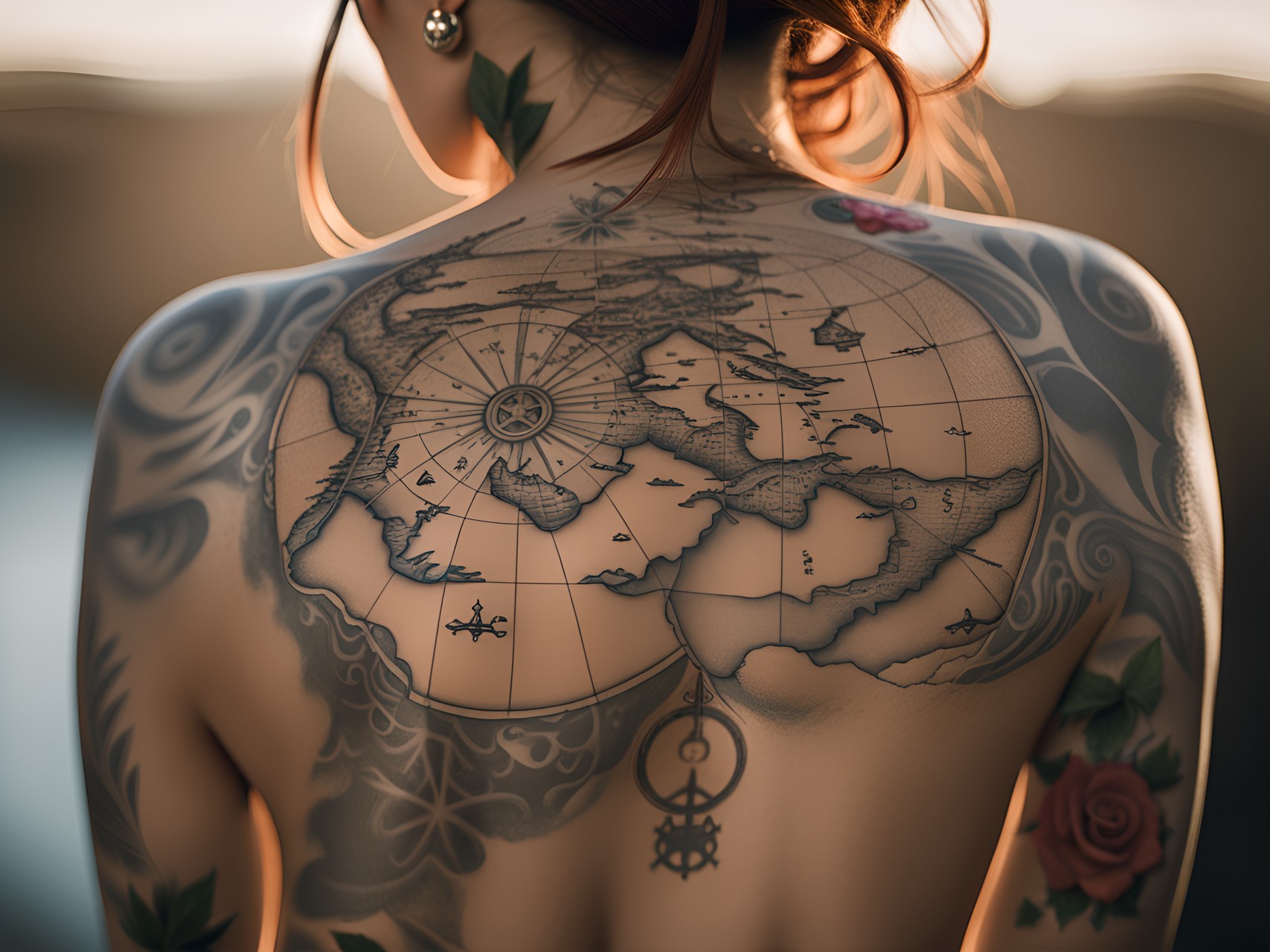 closeup of woman’s bare, tattooed back shows a pirate treasure map preview