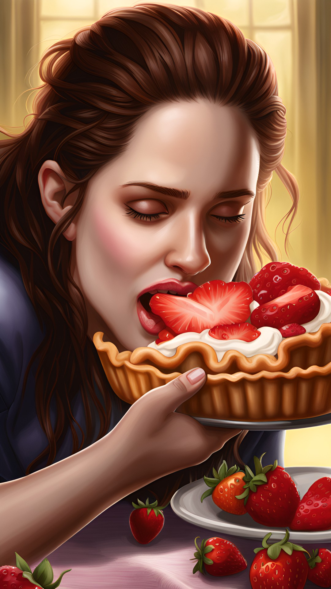 UglyDuckling - ultra realistic, intricately detailed, bella swan from the movie twilight is eating a strawberry pie preview