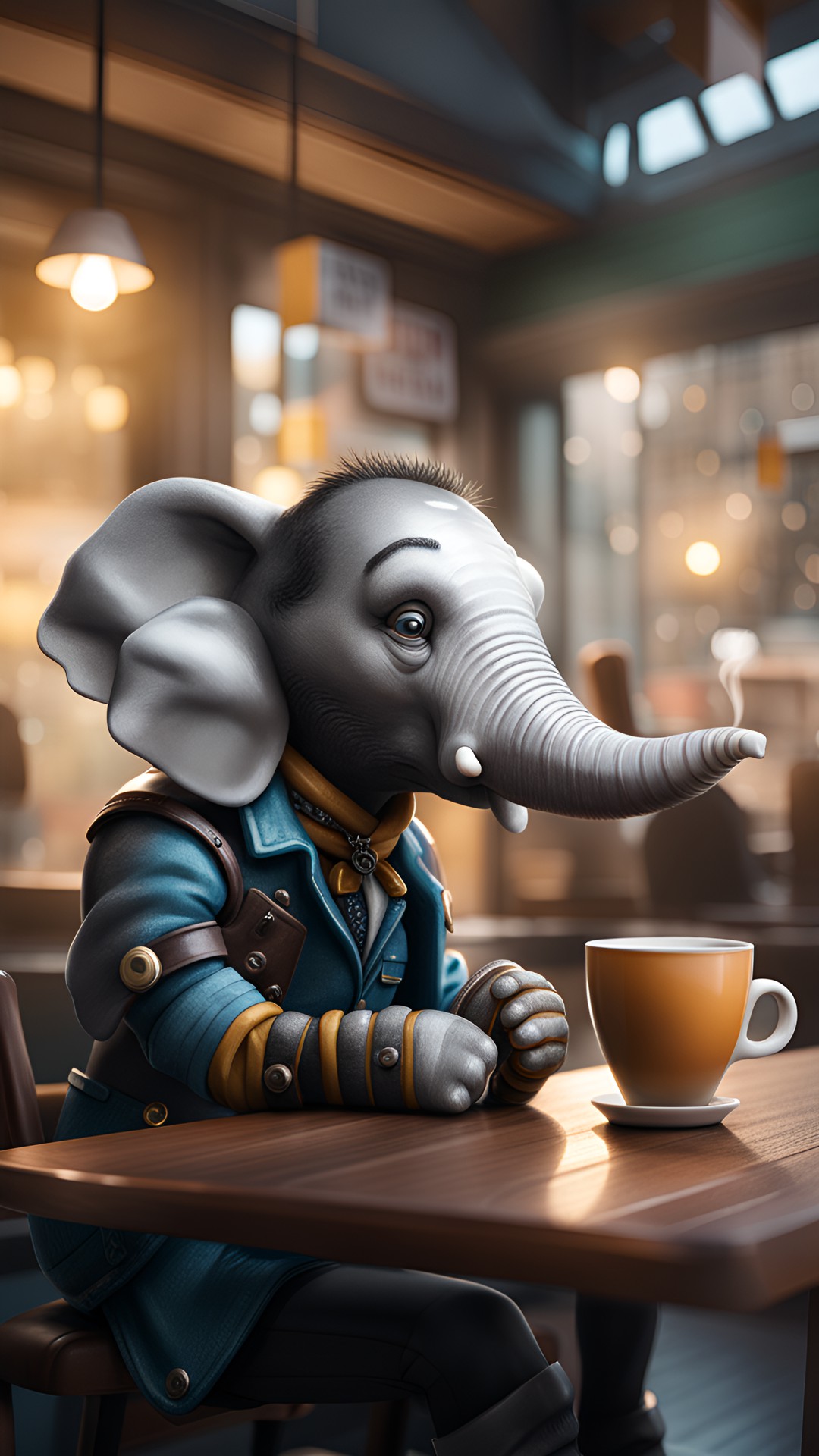 punk elephant sipping a latte in a cafe preview