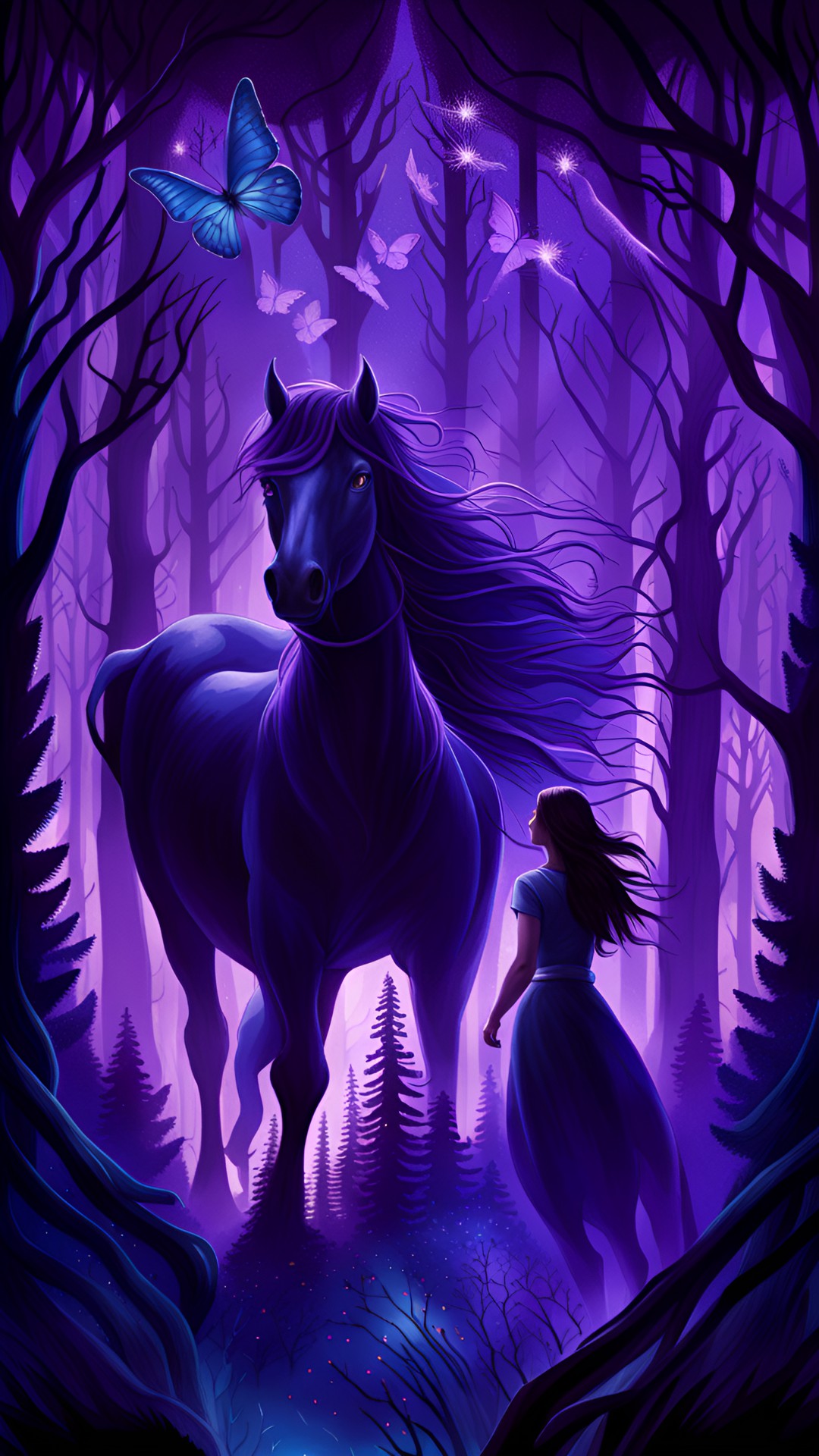 dark forest, woman, horse, herd of unicorns, bushes, rays through trees, twilight, purple, butterflies, sparks preview