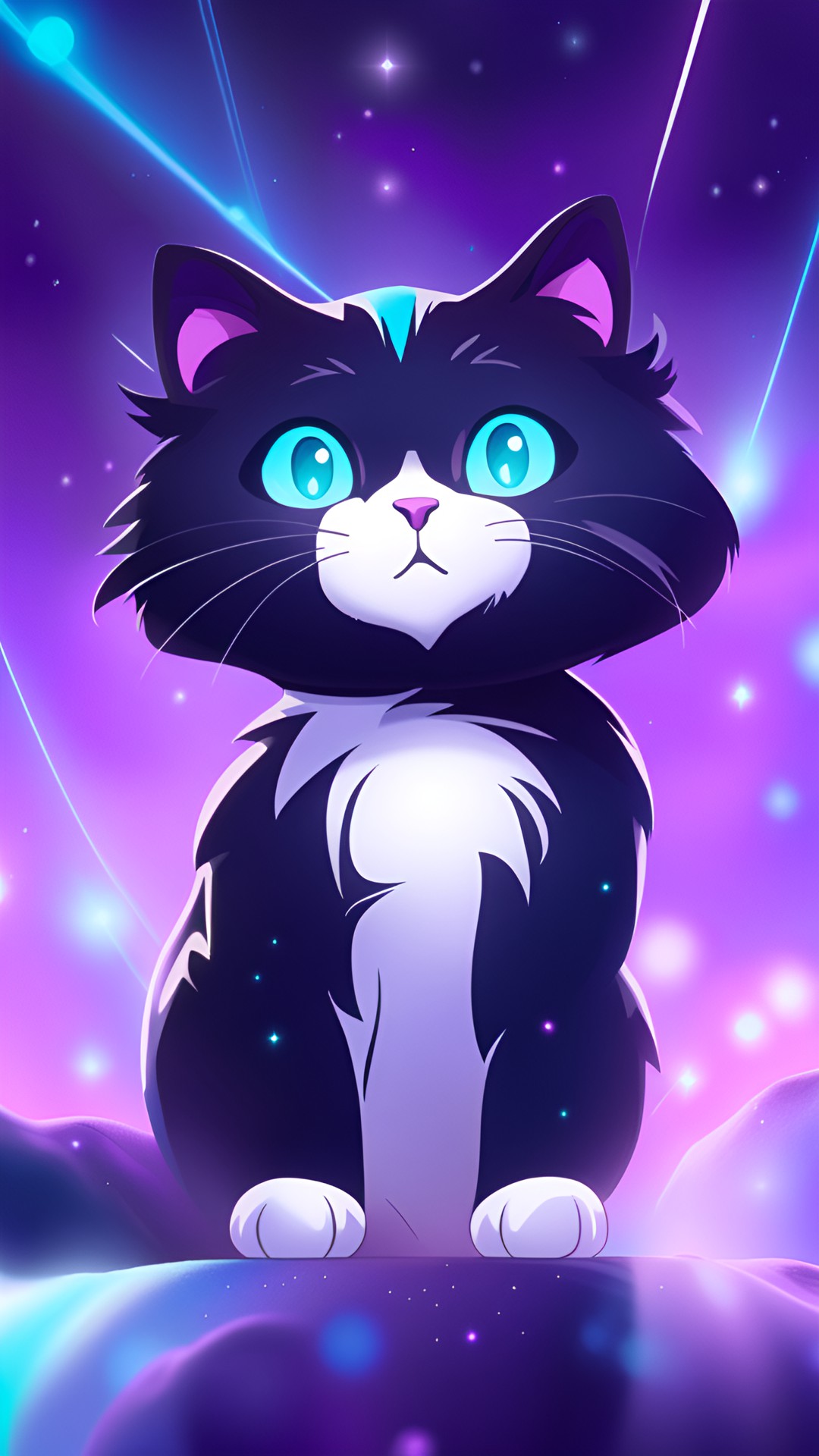 tuxedo cat, purple eyes, cyan fur markings, space background, preview