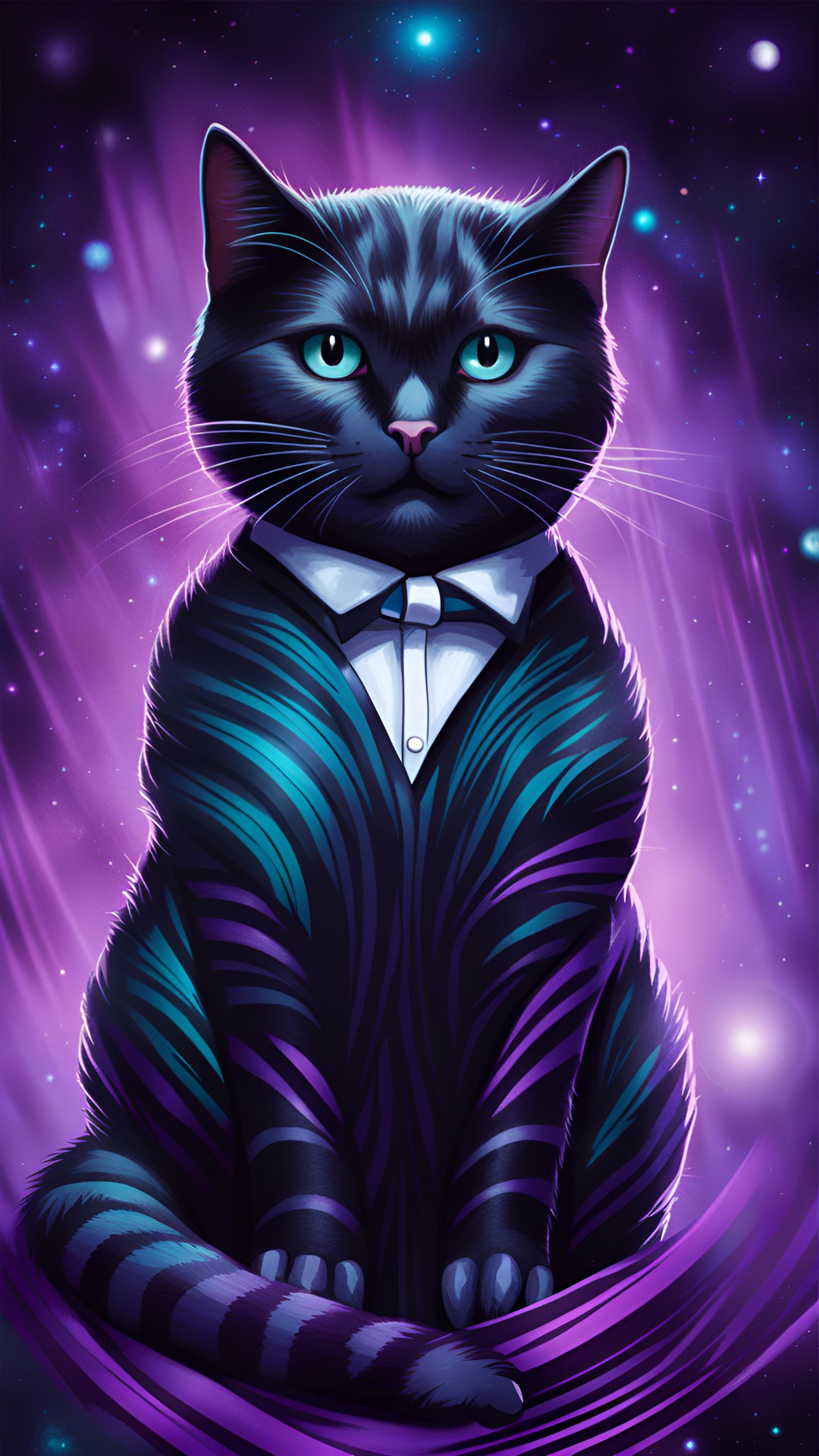 tuxedo cat, purple eyes, cyan stripes, space background, preview