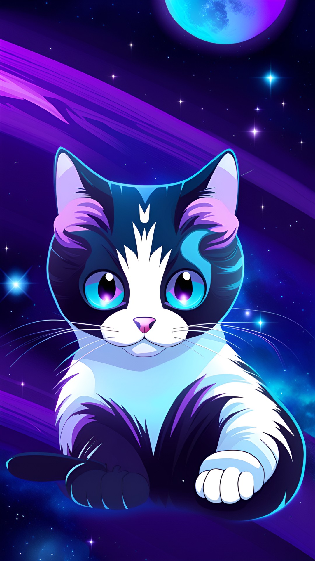 tuxedo cat, purple eyes, cyan stripes, space background, preview