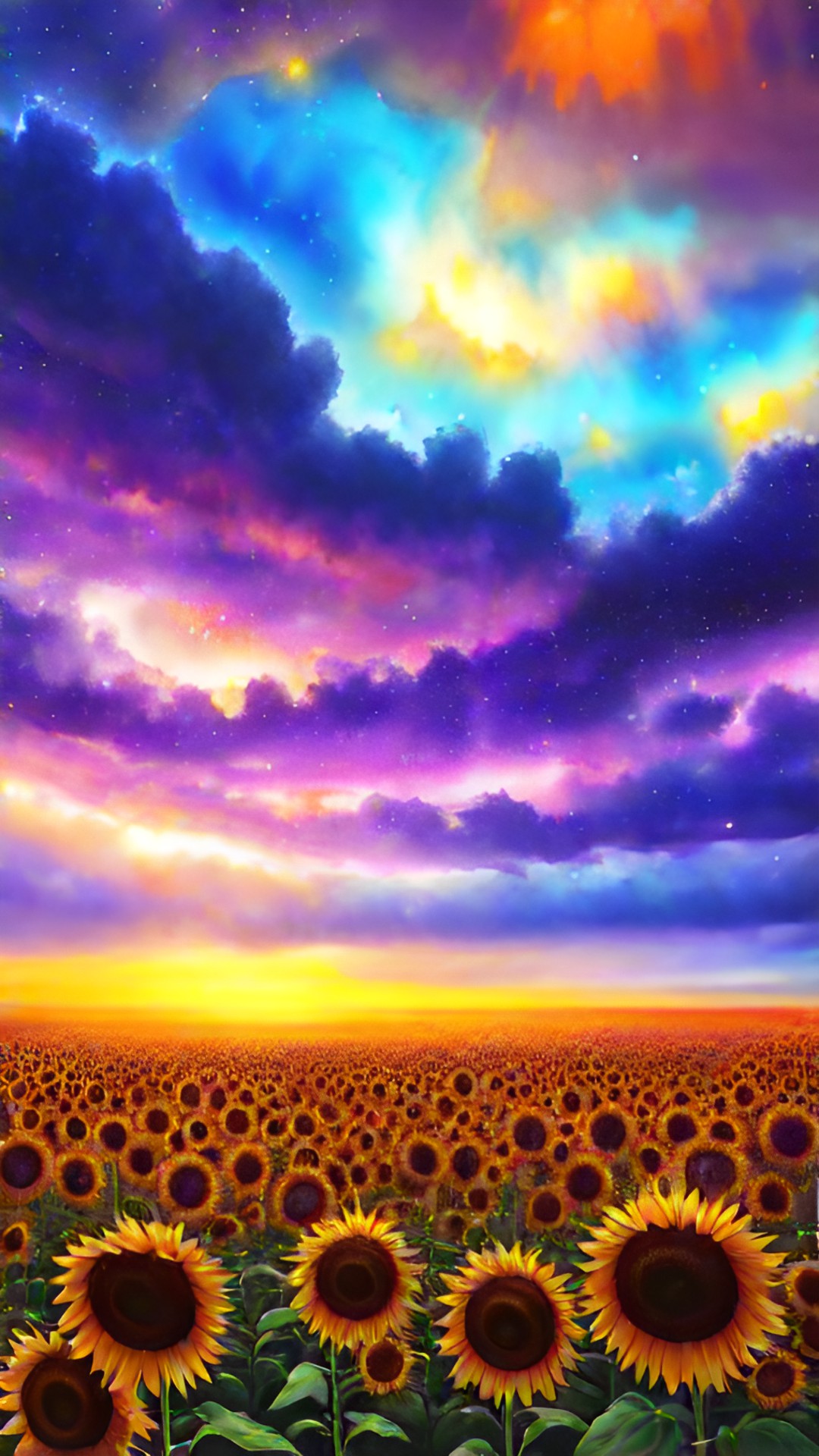 3d rendering, close up, high quality, vivid colors, 8k hd, realistic textures, highly detailed, purple sunlight, orange tornadoes, stars, storm, garden scape, sunflowers, in the style of watercolor preview