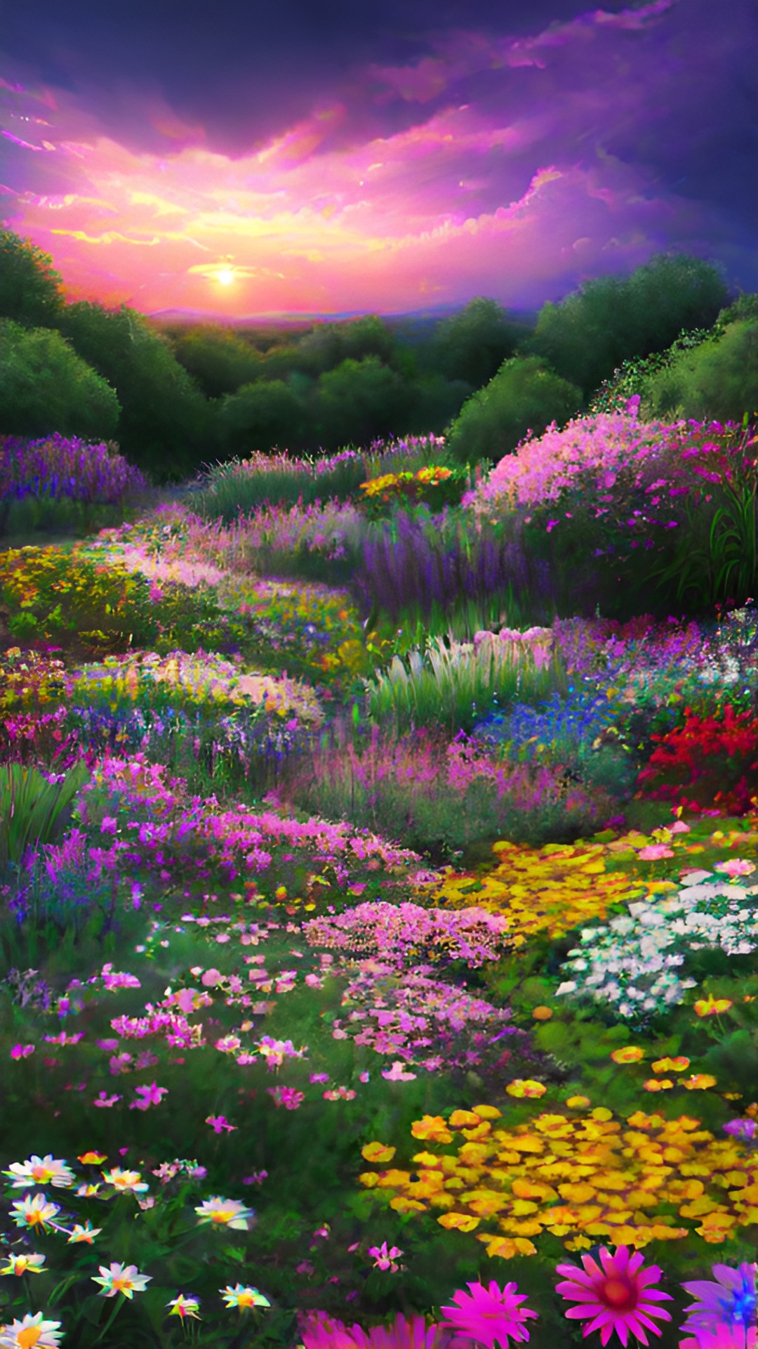 3d rendering, landscape, high quality, vivid colors, 8k hd, realistic textures, highly detailed, pink sunset, night sky, storm in horizon, garden scape, daisy’s in a garden, daisy’s on the horizon, in the style of realism preview