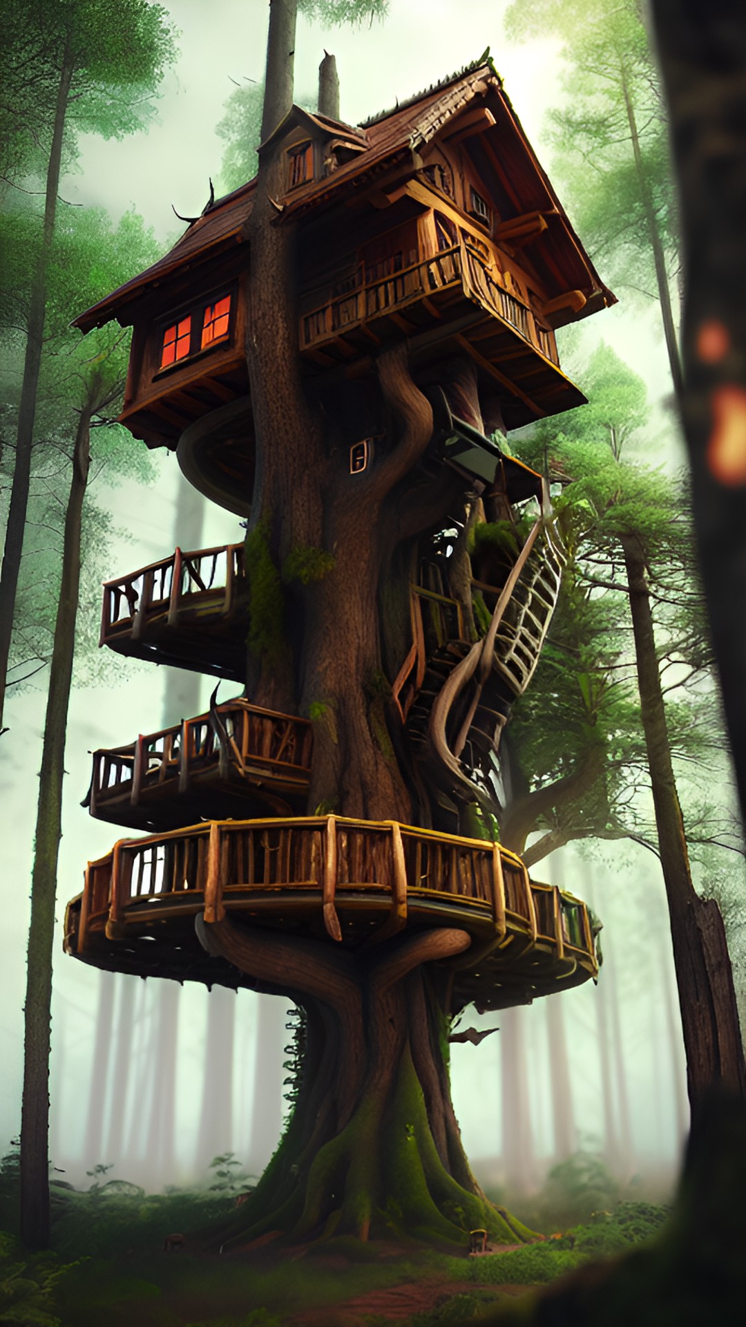 3d rendering, landscape, high quality, vivid colors, 8k hd, realistic textures, highly detailed, lost in the forest, treehouse, dark sky, ominous preview