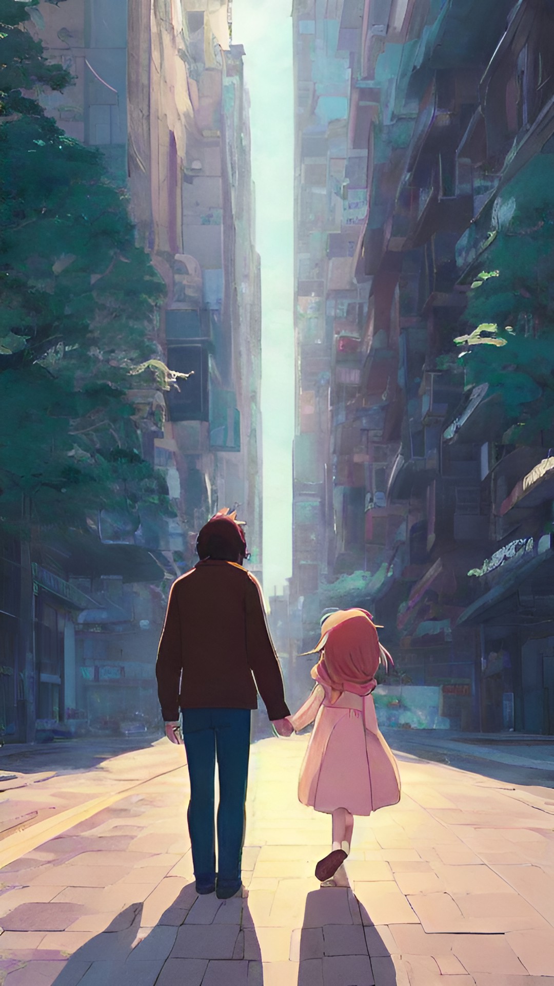 father and daughter holding hands in city streets preview