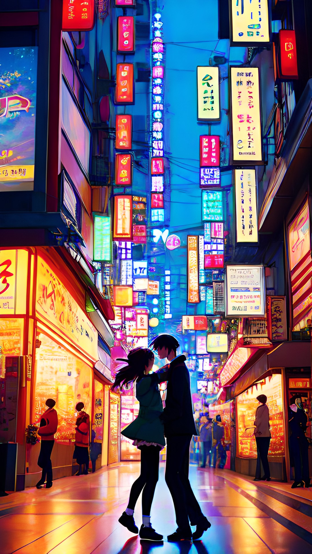 couple dancing in busy city streets at night with colourful lights preview