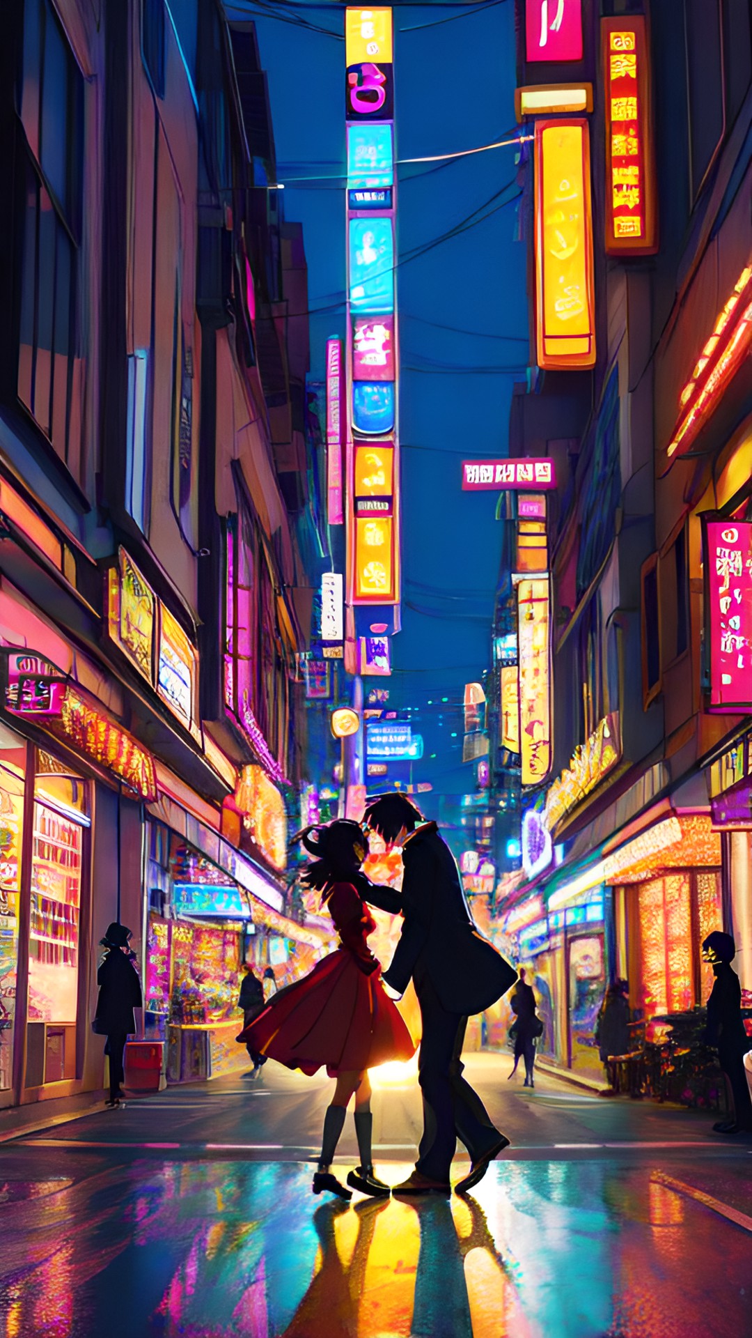 couple dancing in busy city streets at night with colourful lights preview