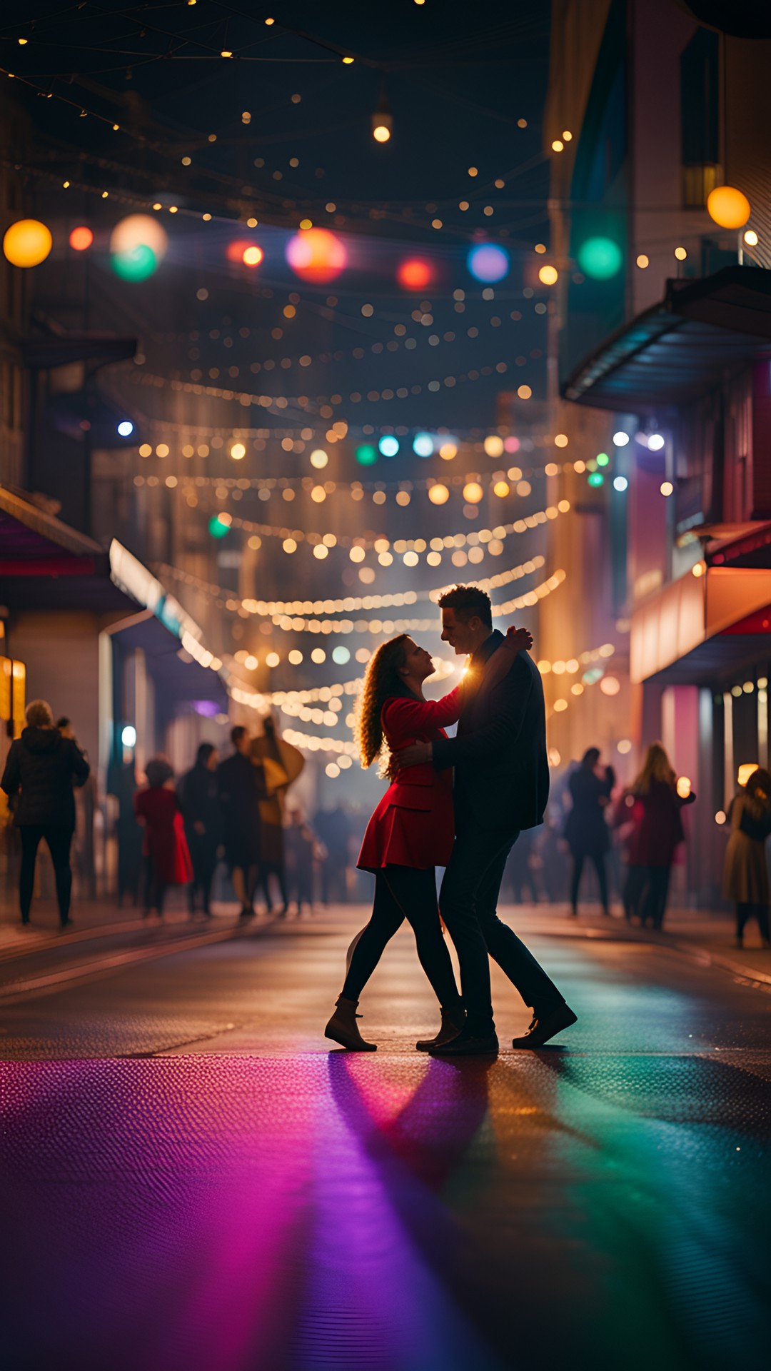 couple dancing in busy city streets at night with colourful lights preview