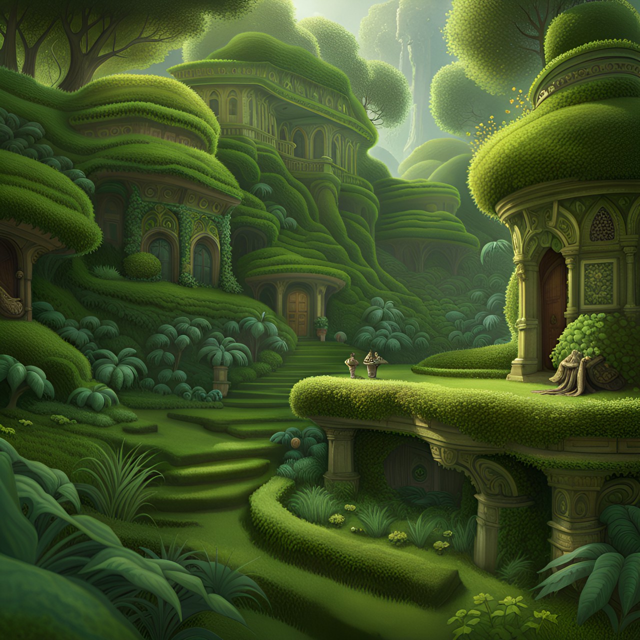 Green Garden - intricate detailed lush green garden, trending on artstation, josephine wall, wlop, cgsociety by gediminas pranckevicius, 8k ultra detailed, mossy, trending on cgsociety and deviantart. preview