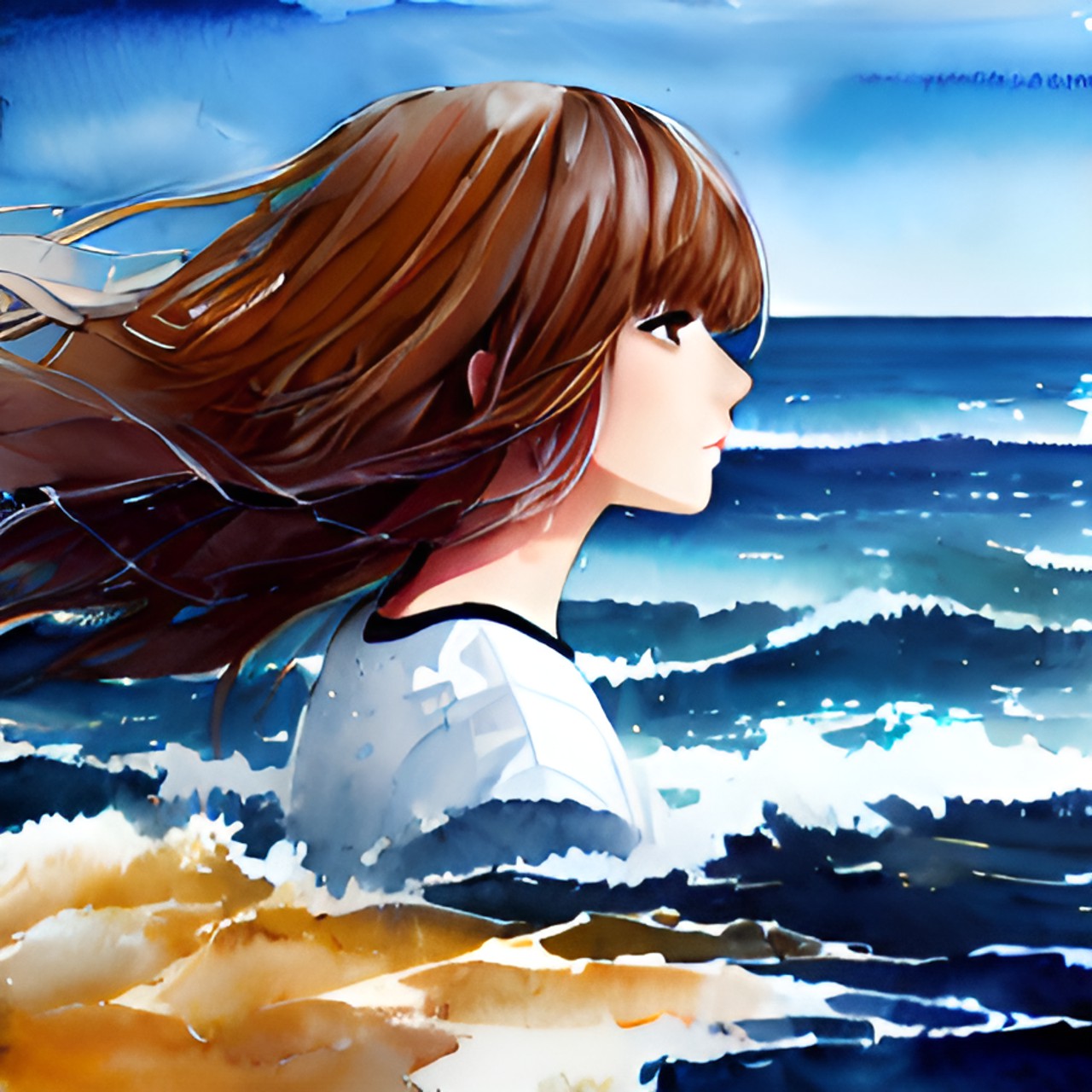 white skin, brown and yellow mix hair, ocean, watercolor, cover song, fringe preview