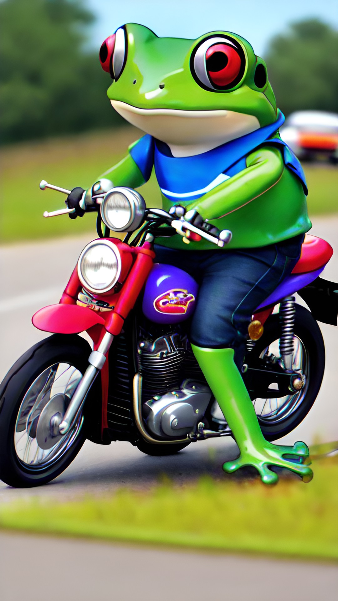 a cute frog driving a motorbike preview